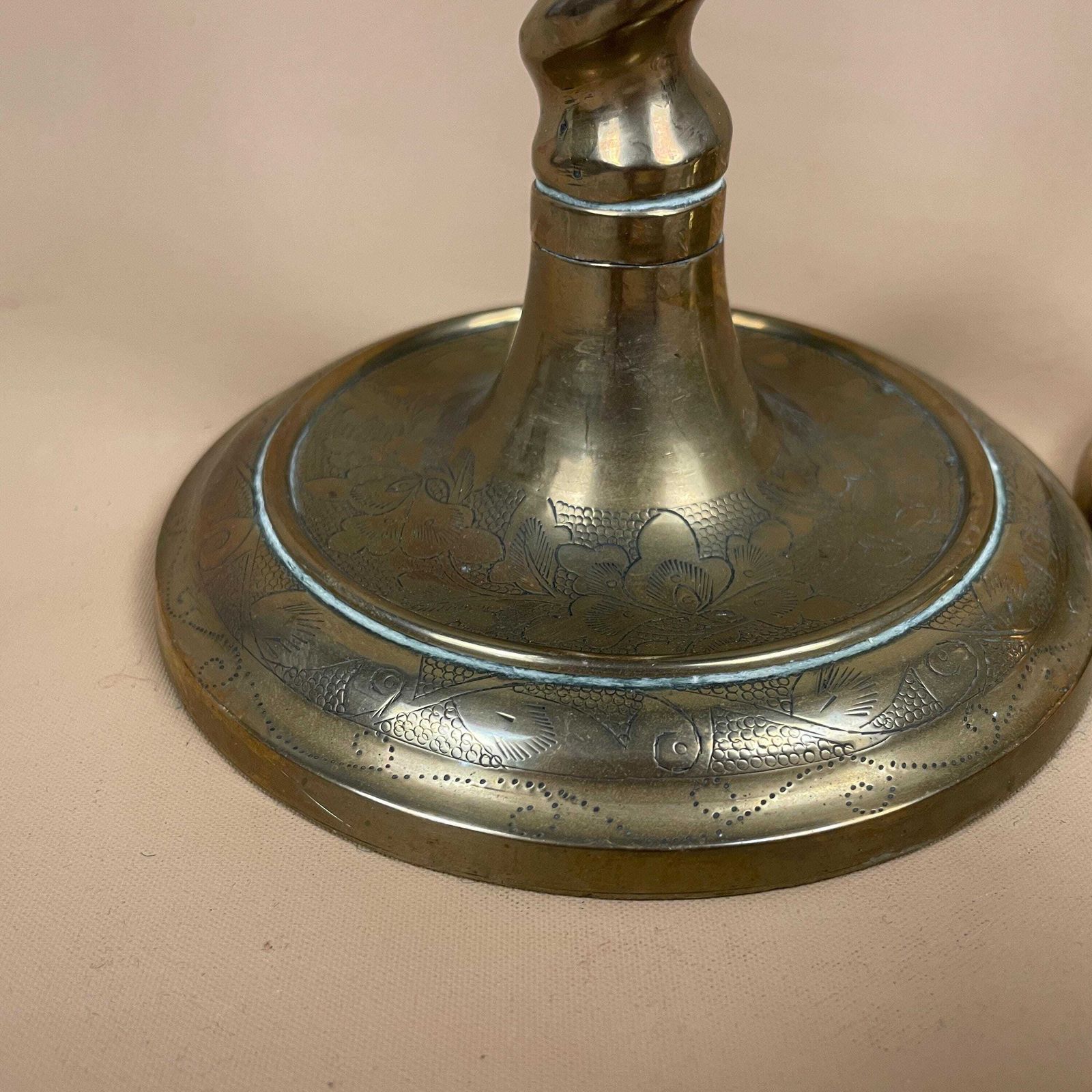 Antique Matching Pair Of Indian Asian Gold Brass Metal Candlestick Candle Stick Vintage Column Taper Dinner Candlesticks Twisted Twist Large photo 74.0