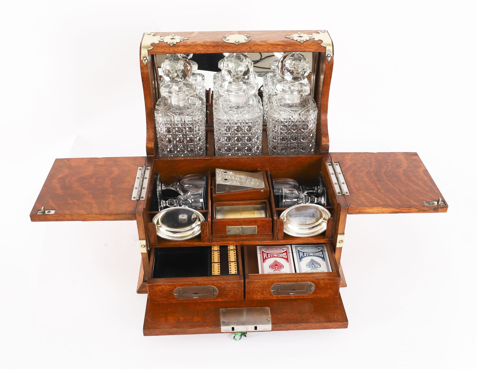 Antique 3 Decanter Golden Oak Tantalus Dry Bar Games Compendium 19th C photo Home Decor