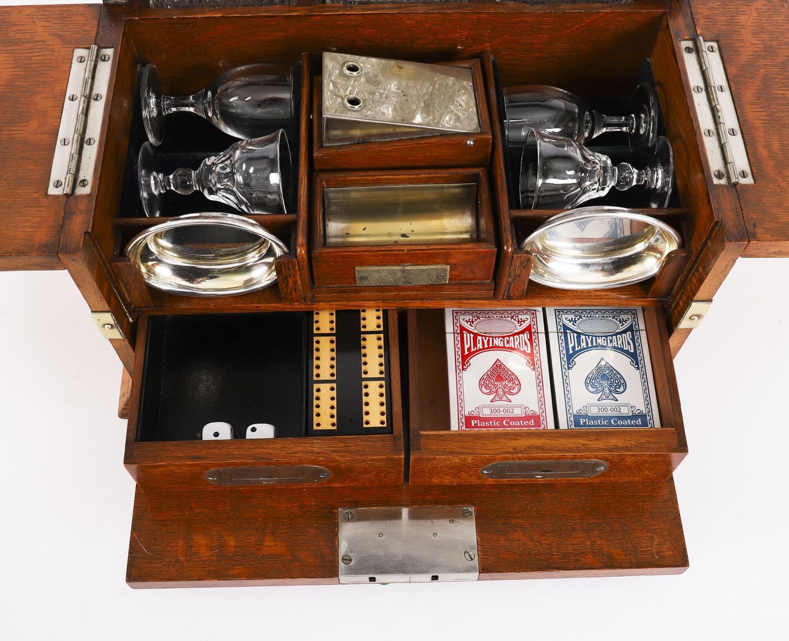 Antique 3 Decanter Golden Oak Tantalus Dry Bar Games Compendium 19th C photo vintage