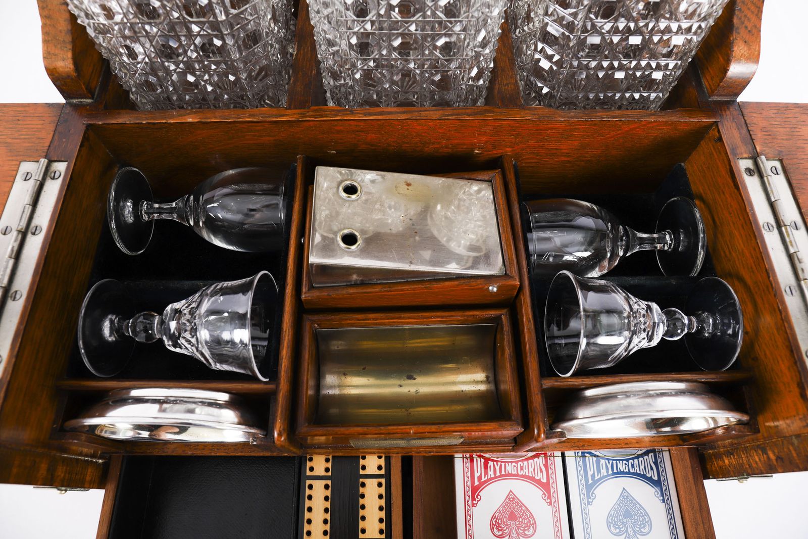 photo furniture Antique 3 Decanter Golden Oak Tantalus Dry Bar Games Compendium 19th C