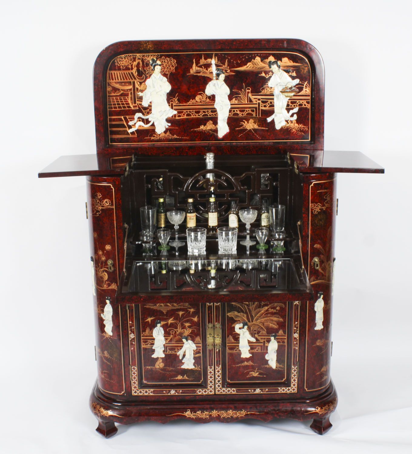Vintage Japanese Burgundy Lacquered Cocktail Cabinet Dry Bar & Glasses 20th C photo furniture