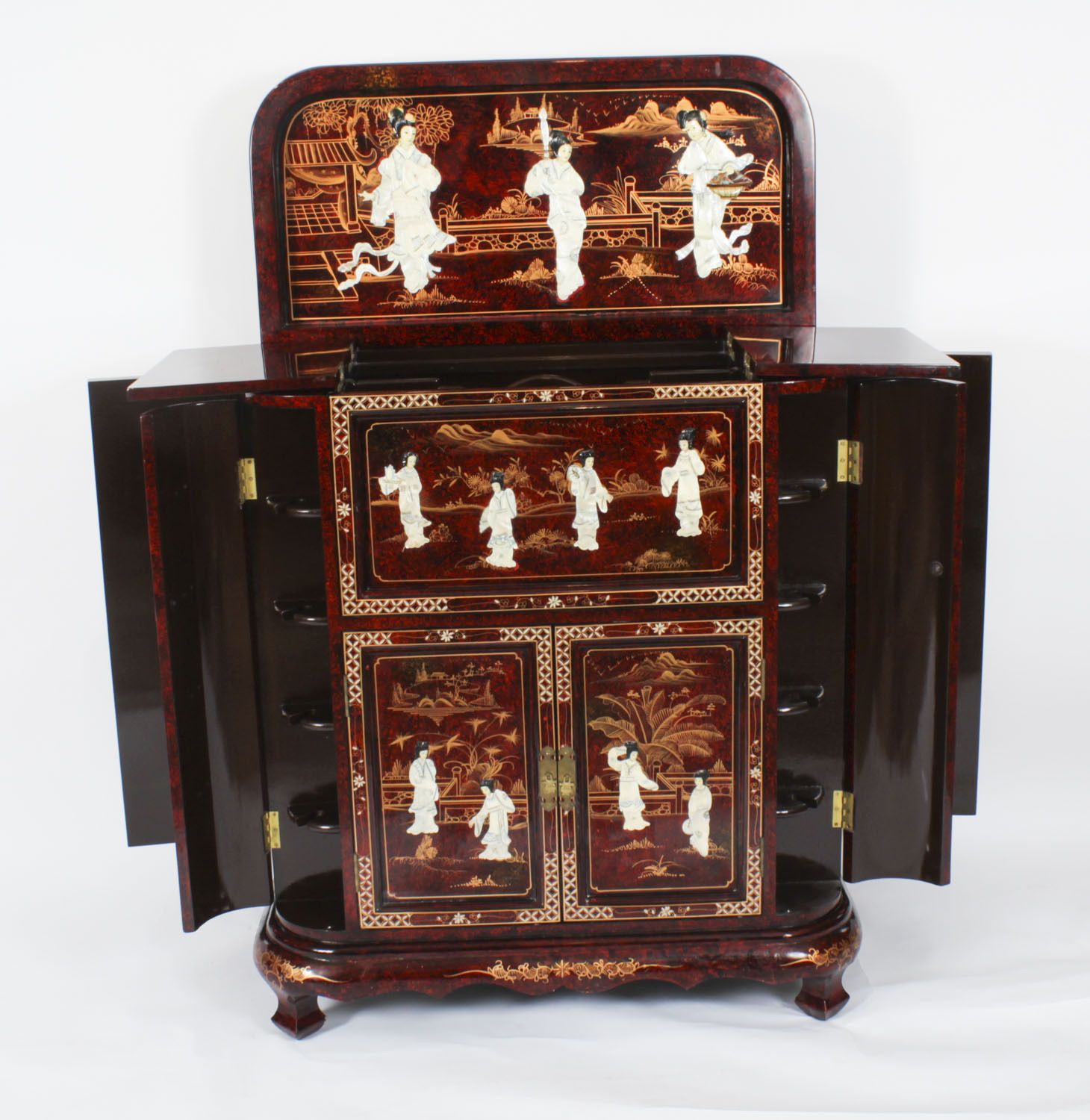 Vintage Japanese Burgundy Lacquered Cocktail Cabinet Dry Bar & Glasses 20th C photo 4250.0