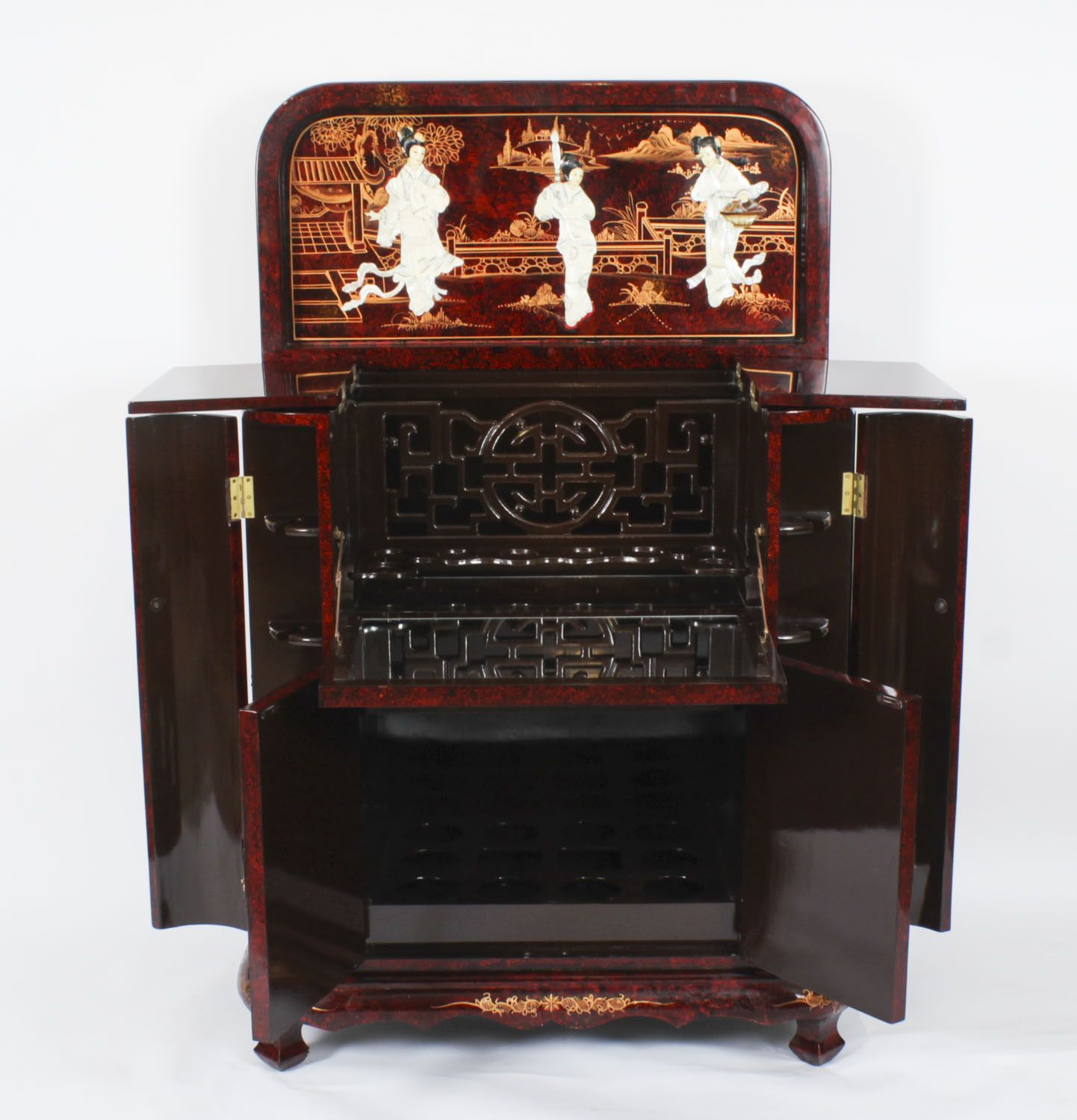 Vintage Japanese Burgundy Lacquered Cocktail Cabinet Dry Bar & Glasses 20th C photo vintage