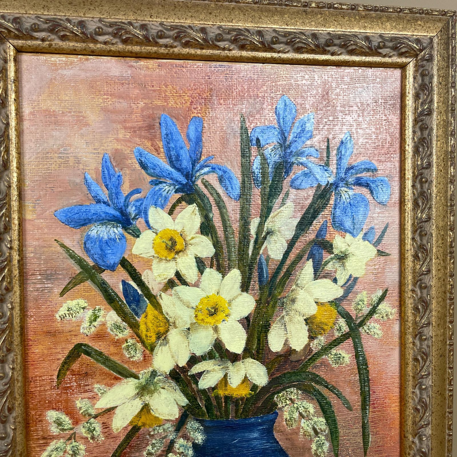 Antique Framed Floral Oil Painting Picture Vintage Flowers Wood Frame Painted Art Original Oils Rectangle Portrait Spring Daffodils M Scott photo for sale