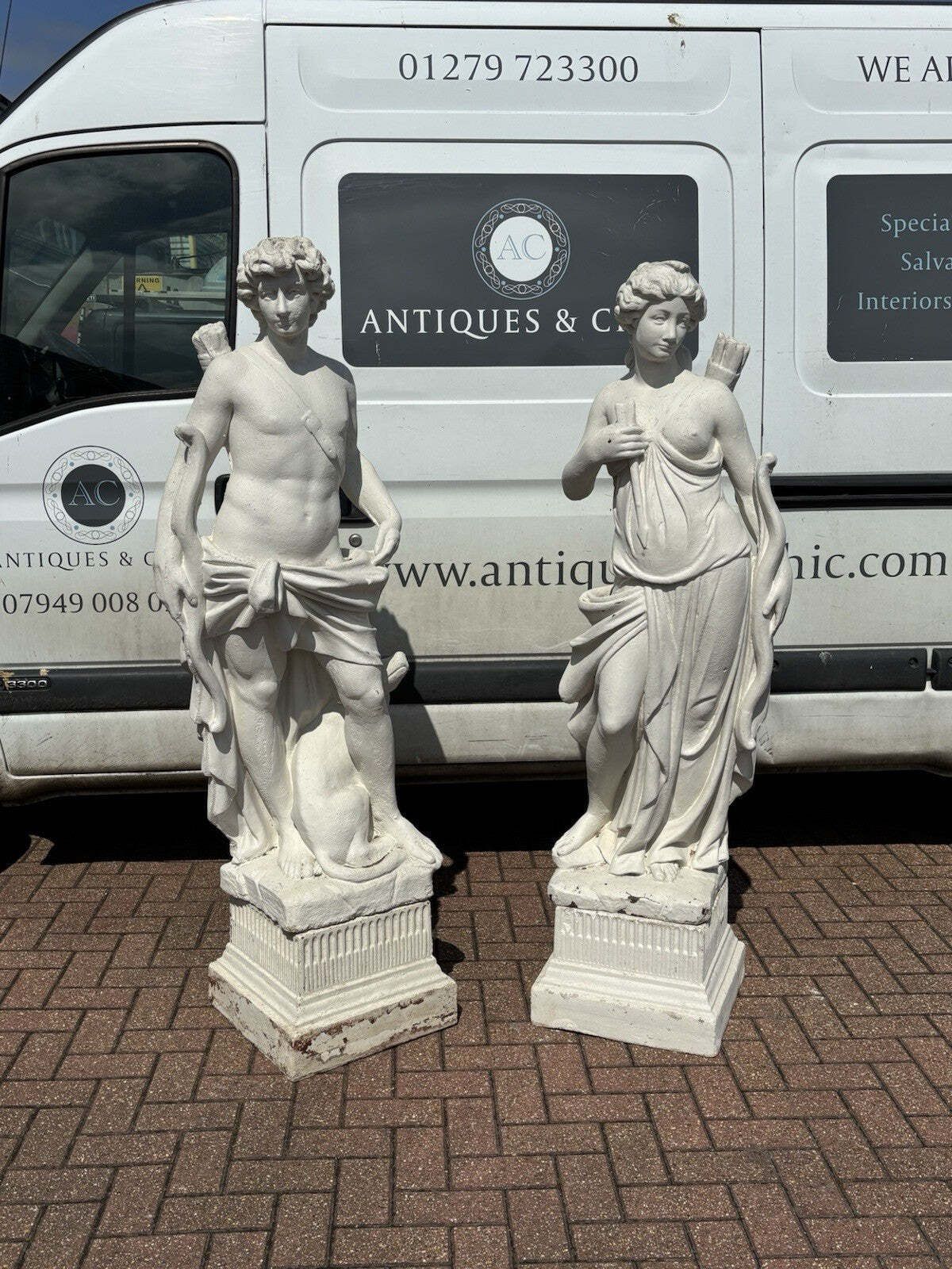 photo furniture Pair Of Classical Diana & The Hunter Garden Statues On Based. Large In Size