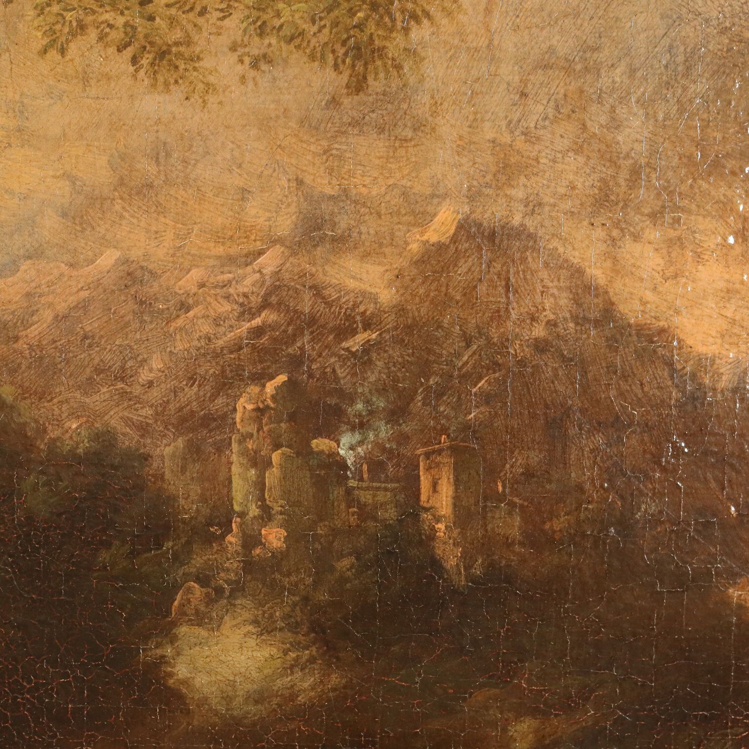 Painting Landscape With Figures And Herds Oil On Canvas XVIII Century photo vintage