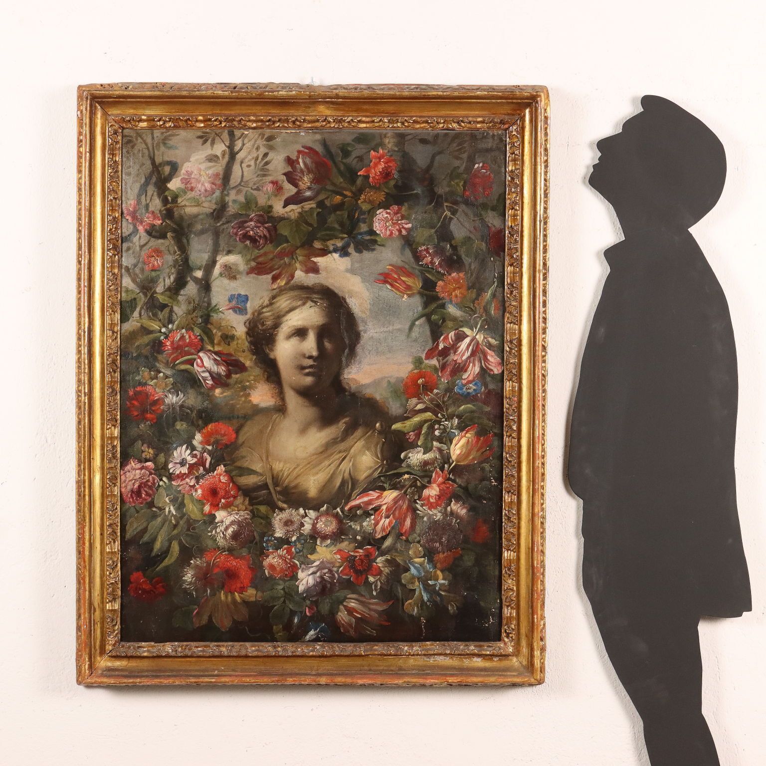 Ancient Painting '600 '700 Female Bust And Flower Garland Canvas photo furniture