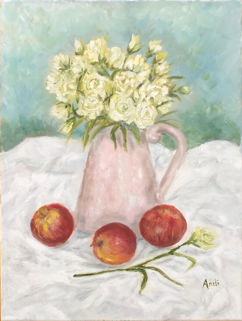 Original Signed Oil Painting Red Apples, Lisianthus Floral Flowers Andi J Lucas