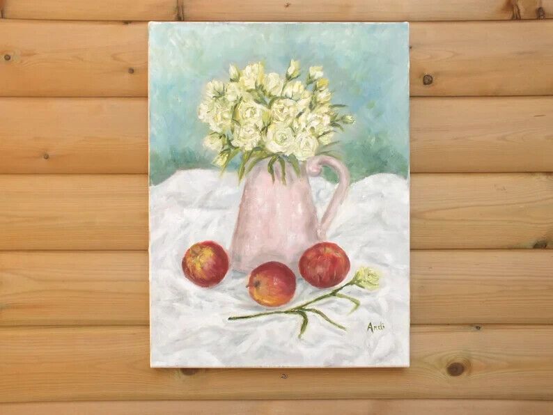 Original Signed Oil Painting Red Apples, Lisianthus Floral Flowers Andi J Lucas photo 293.0