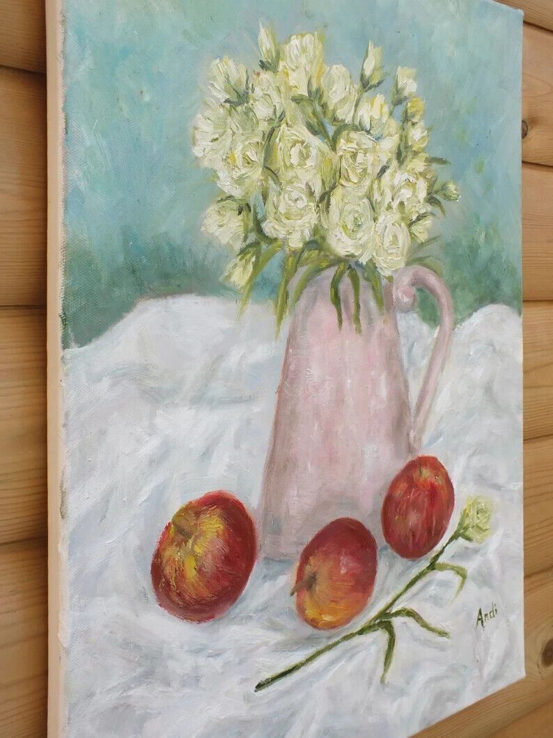 Original Signed Oil Painting Red Apples, Lisianthus Floral Flowers Andi J Lucas photo vinterior