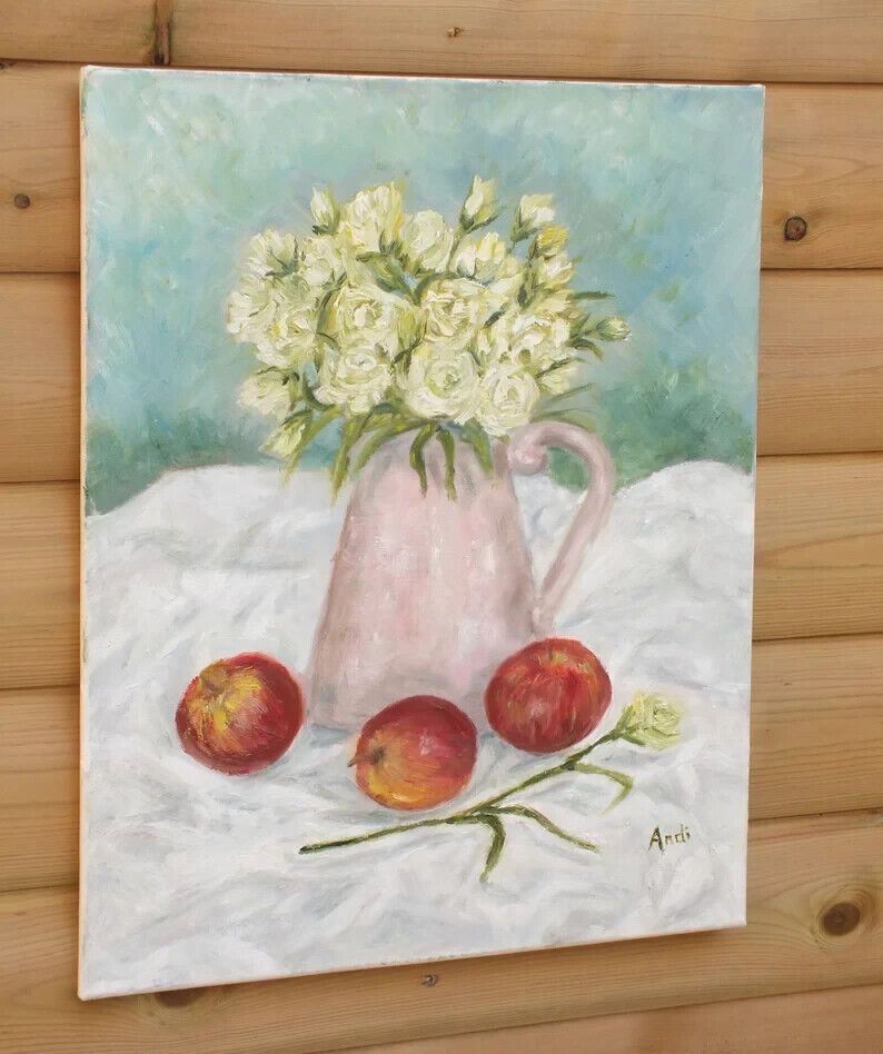 photo furniture Original Signed Oil Painting Red Apples, Lisianthus Floral Flowers Andi J Lucas