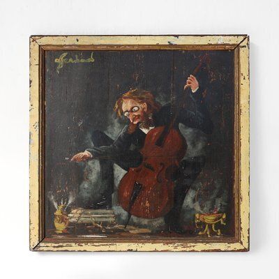 S. Gil, Cellist In A Theater In Paris, 20th Century, Painting On Wood, Framed