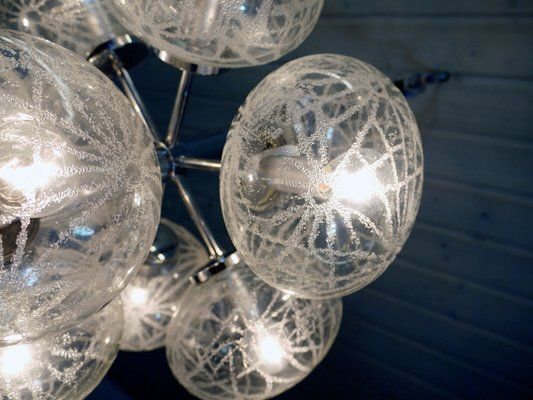 Space Age German Etched Glass And Chrome Sputnik Chandelier, 1960s photo vinterior