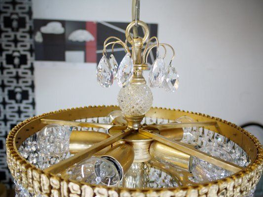 German Gilt Brass And Crystal Chandelier From Palwa, 1960s photo buy