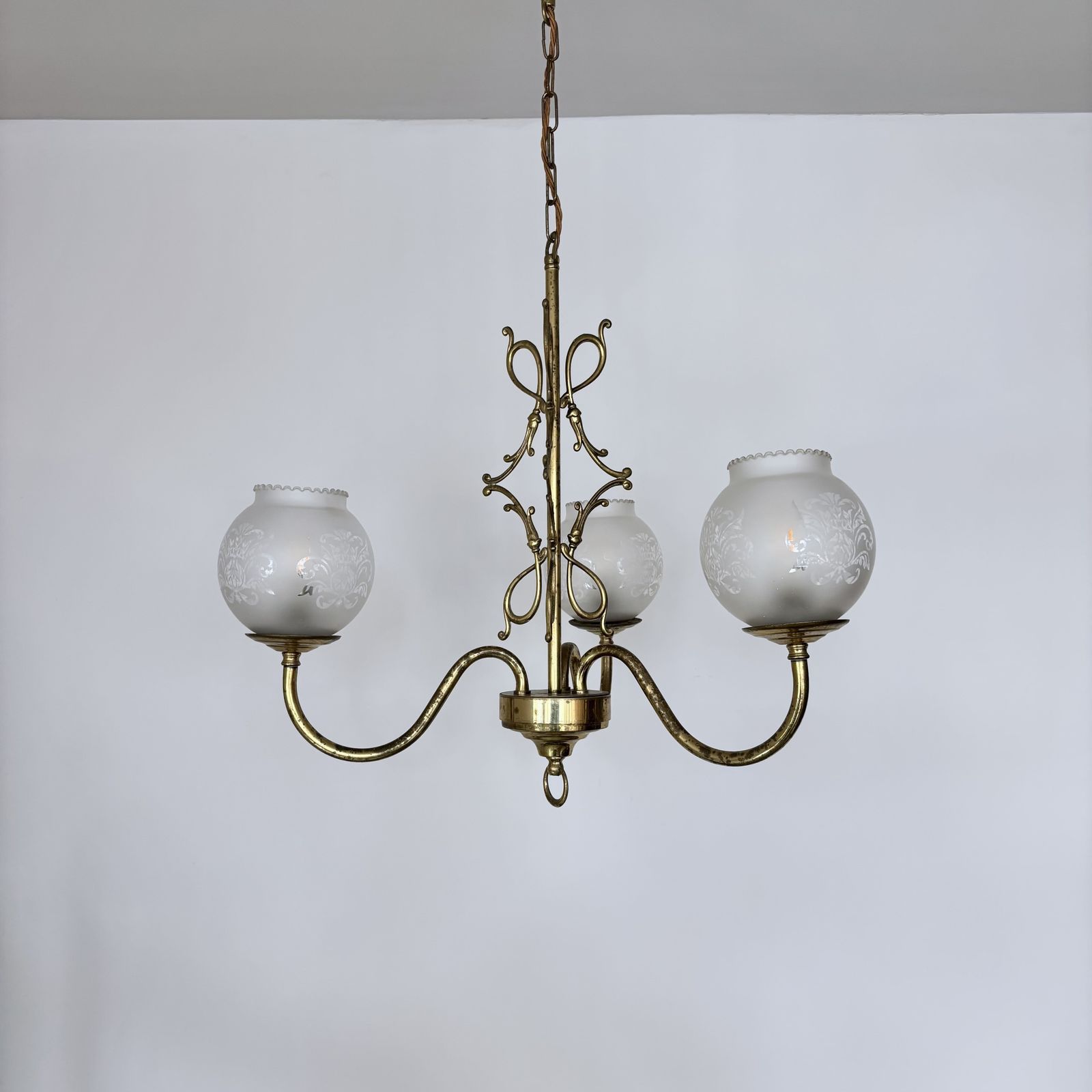 Late 20th Century Brass Chandelier With Frosted Globe Shades