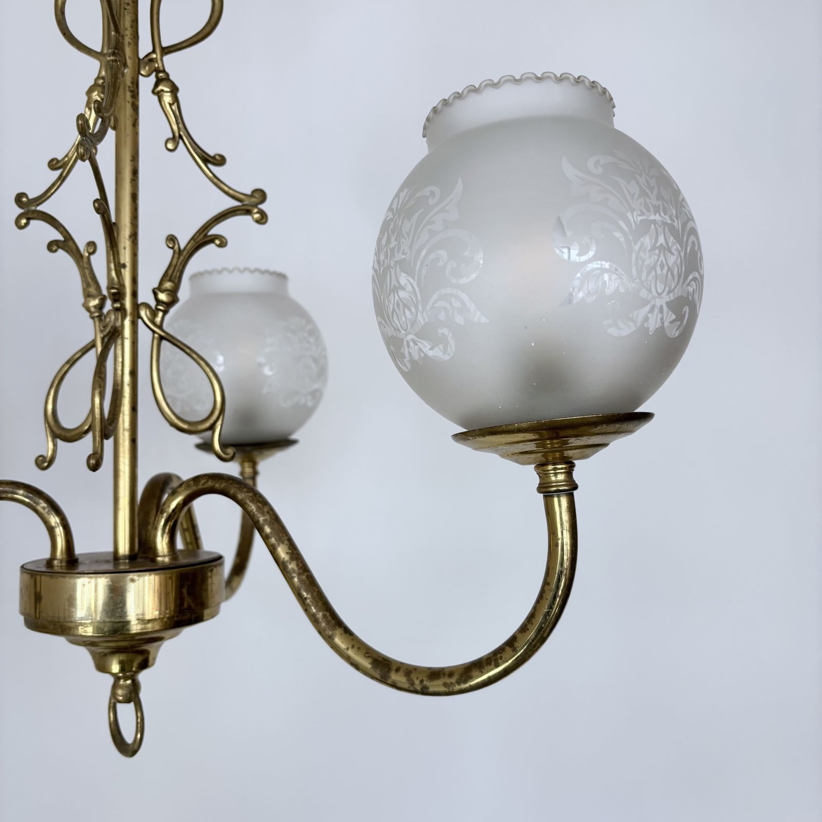 Late 20th Century Brass Chandelier With Frosted Globe Shades photo vintage