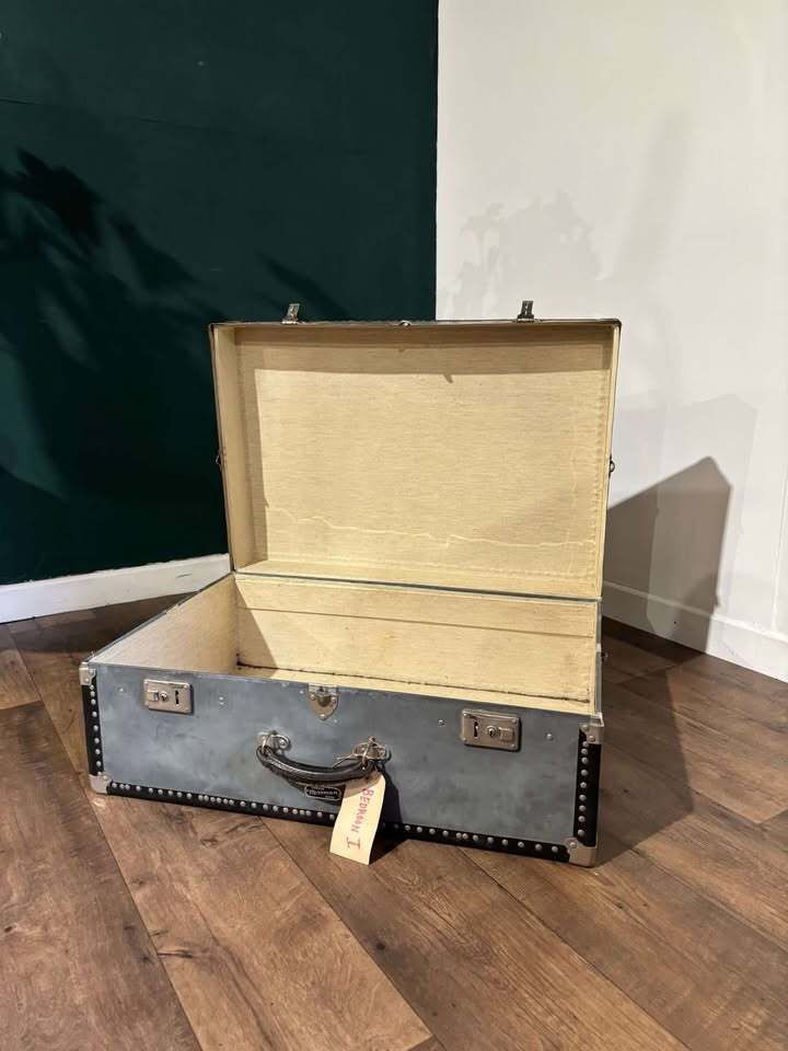 photo for sale Vintage Metal Clad Trunk With Leather Handle