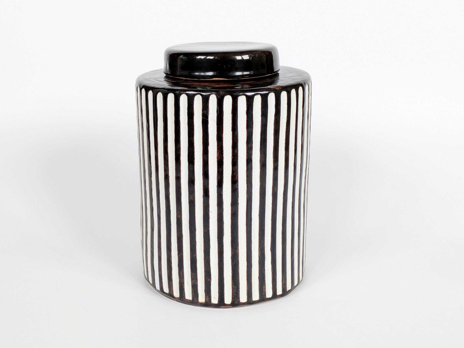 Vintage Ceramic Lidded Canister With Brown & Cream Stripes, Mid Century Glazed Urn photo furniture