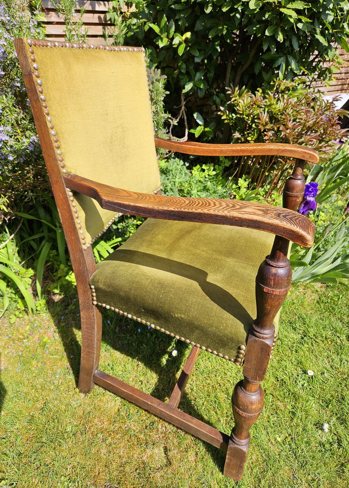Impressive, Antique Oak Carver Chair In Studded Sage Green Velvet photo for sale