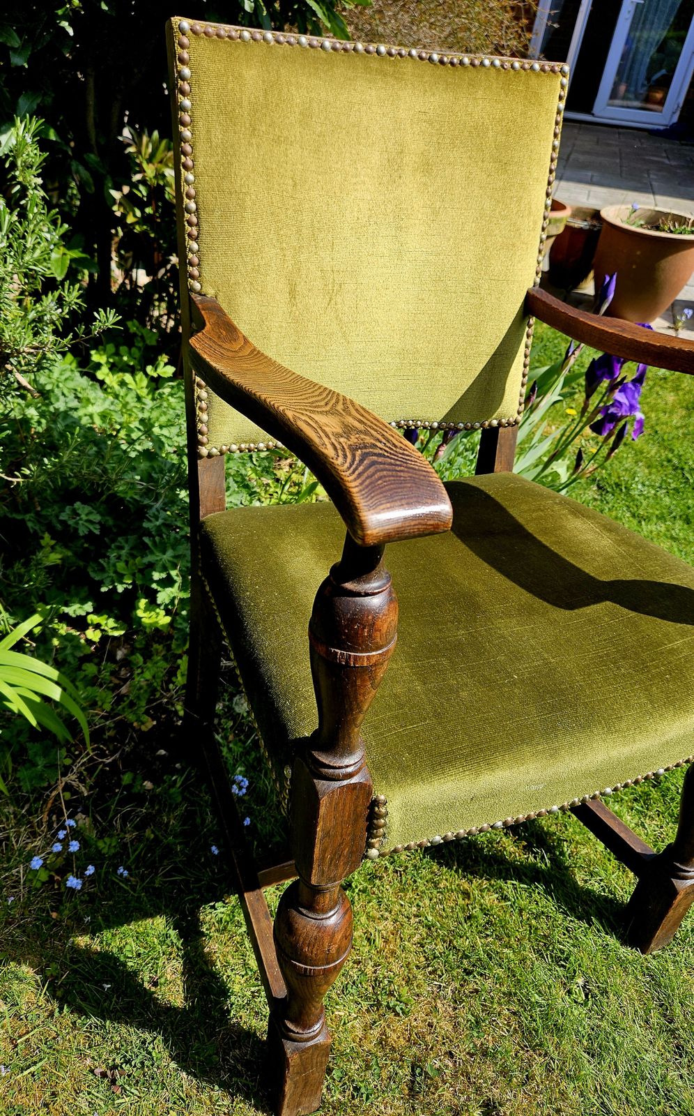 Impressive, Antique Oak Carver Chair In Studded Sage Green Velvet photo vinterior