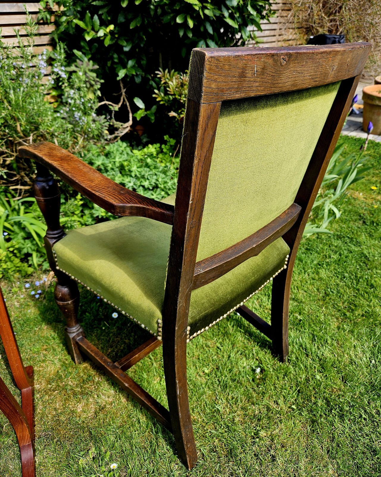 Impressive, Antique Oak Carver Chair In Studded Sage Green Velvet photo vintage