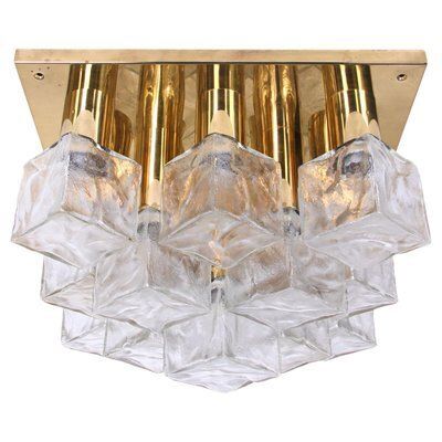 Cubist Flush Mount Chandelier In Brass And Ice Glass By J. T. Kalmar For Kalmar, Austria, 1960s