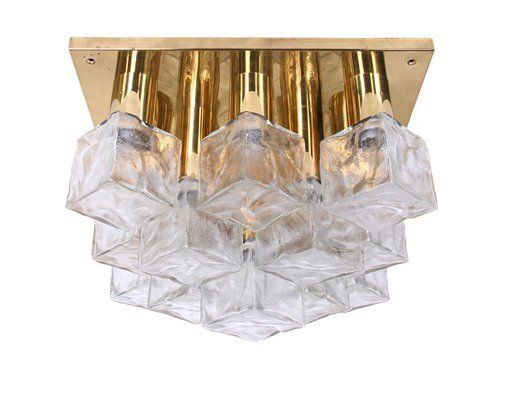 Cubist Flush Mount Chandelier In Brass And Ice Glass By J. T. Kalmar For Kalmar, Austria, 1960s photo 6124.0