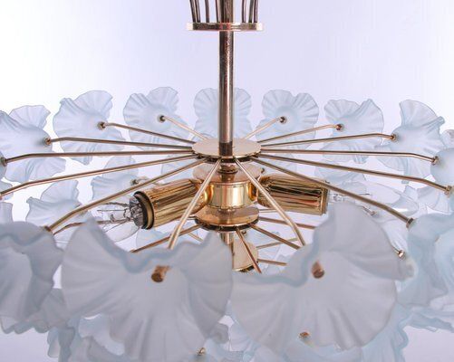 Modernist Hibiscus Bouquet Chandelier In Turquoise Glass Flowers & Brass, 1970s photo buy