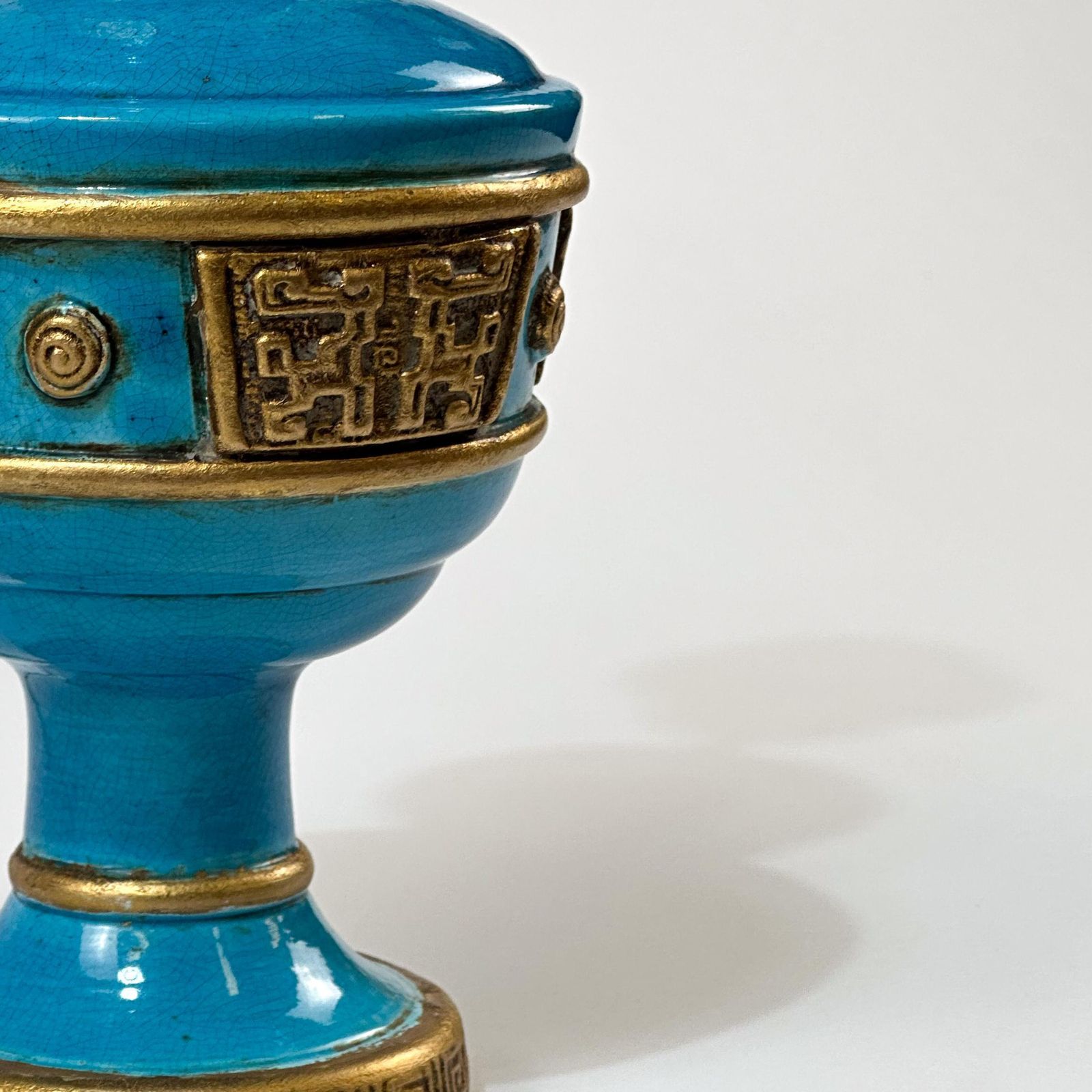 Ugo Zaccagnini Turquoise Ceramic Lamp, Asian Style Gilt Detailing C.1950s Italy photo for sale