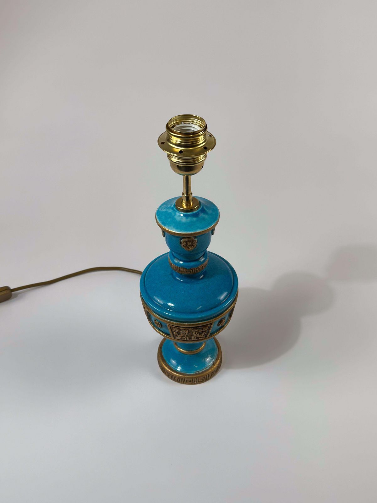 Ugo Zaccagnini Turquoise Ceramic Lamp, Asian Style Gilt Detailing C.1950s Italy photo Lighting