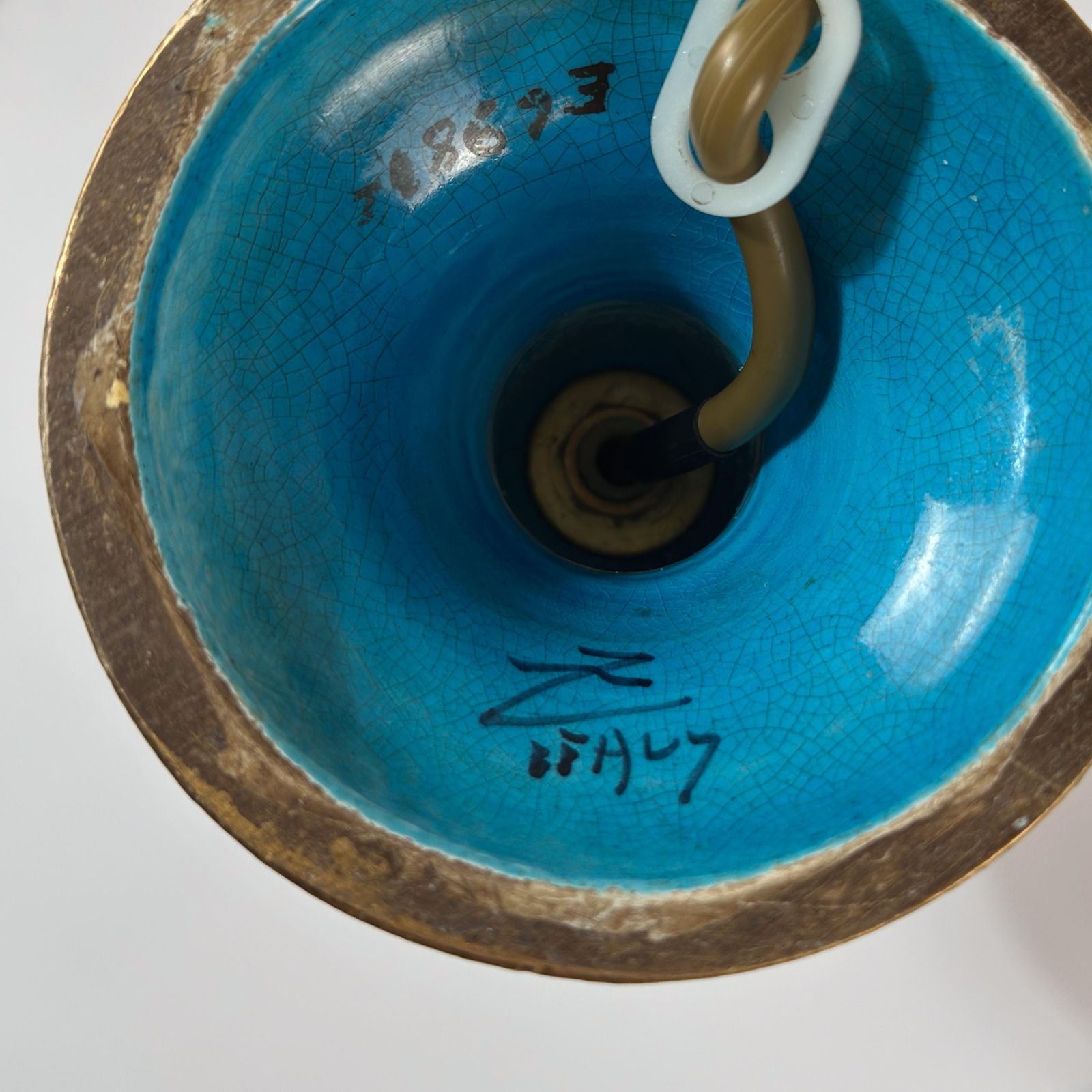 Ugo Zaccagnini Turquoise Ceramic Lamp, Asian Style Gilt Detailing C.1950s Italy photo 764.0