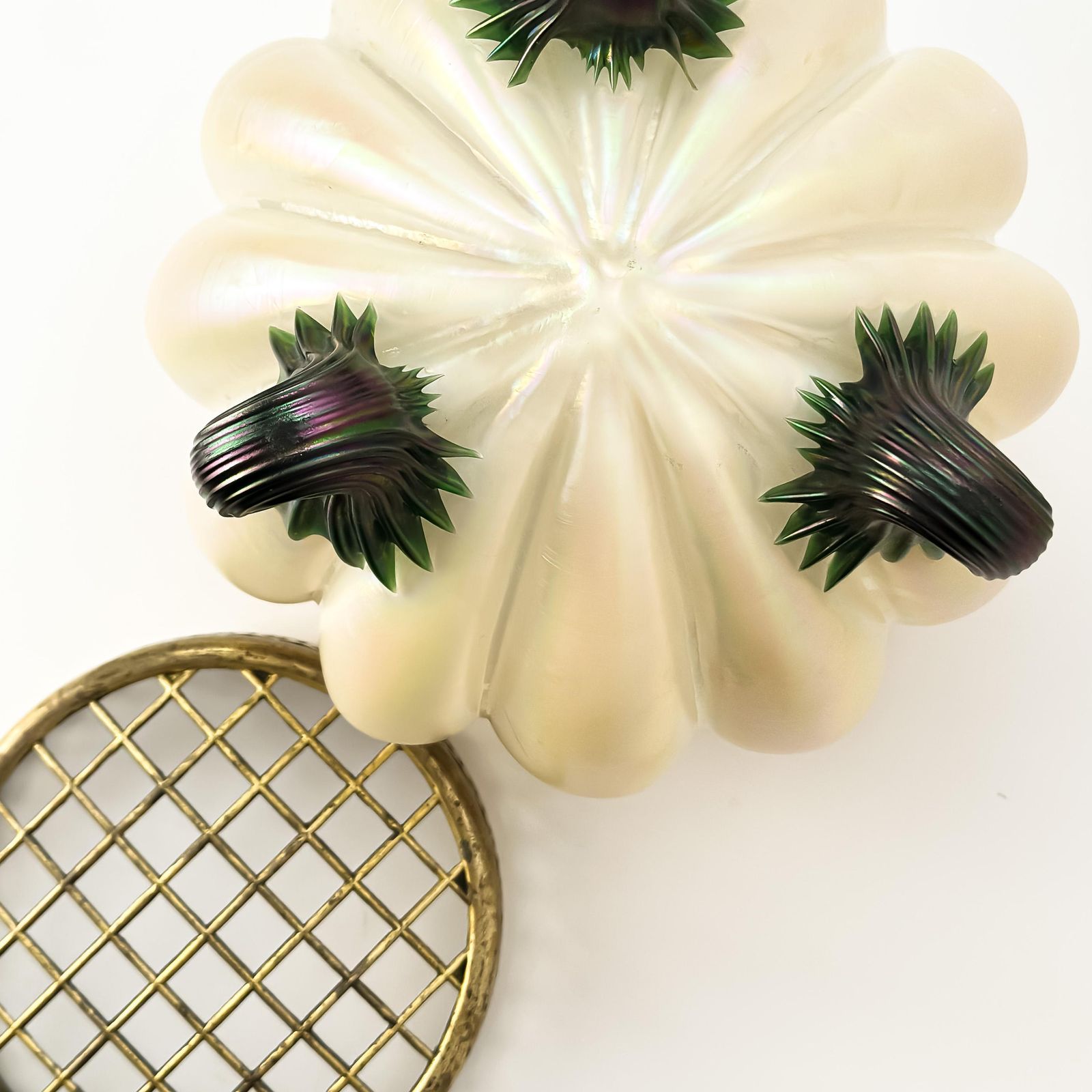 Art Nouveau Pearlescent Glass Vase By Kralik With Brass Frog, Czech Circa 1910 photo buy