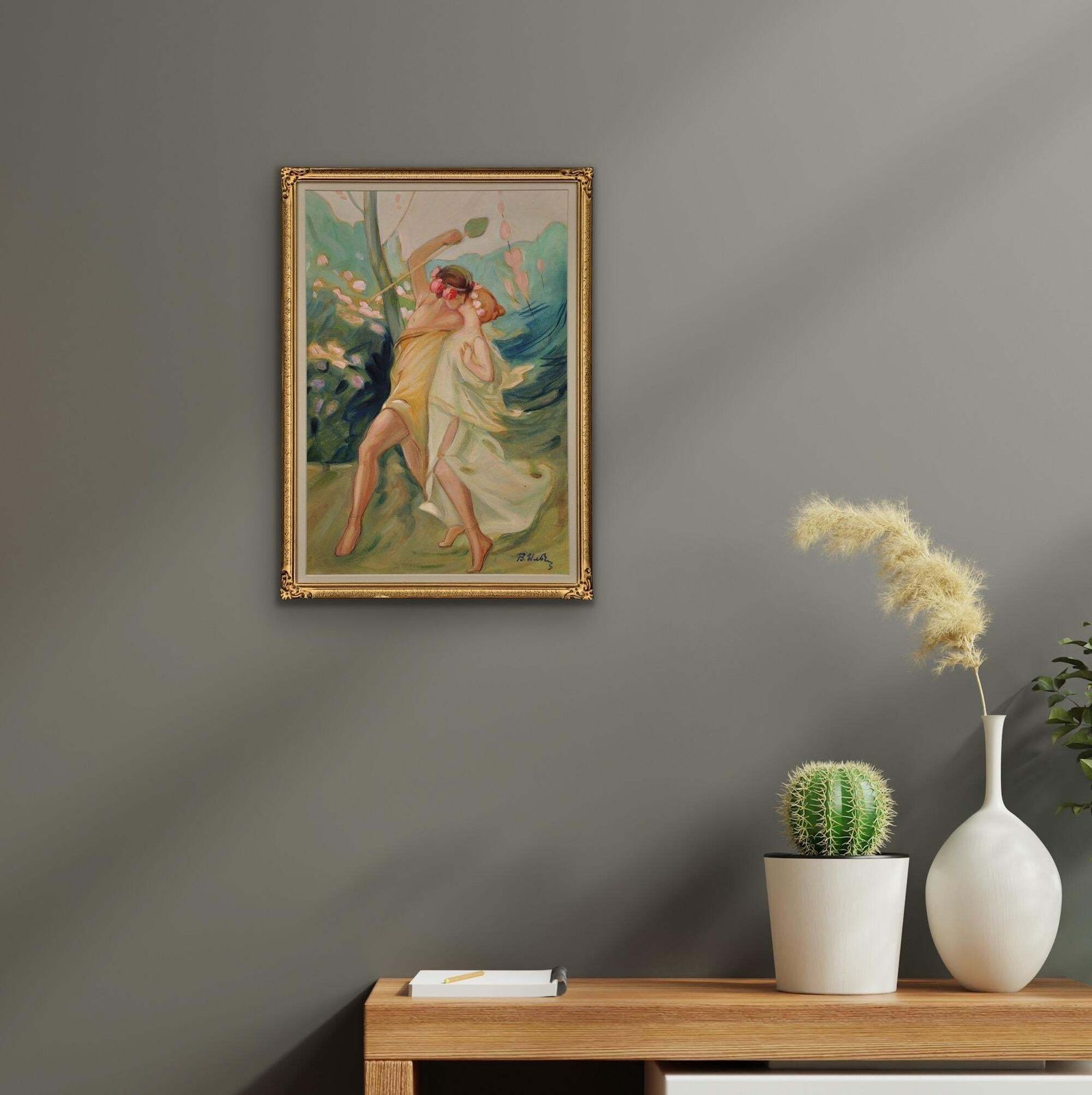 Follower Of Antoine Calbet 1860 To 1944. Framed Art Nouveau Painting A Classical Greek Love Affair Of Theseus And Ariadne Circa 1890 To 1910 photo vintage