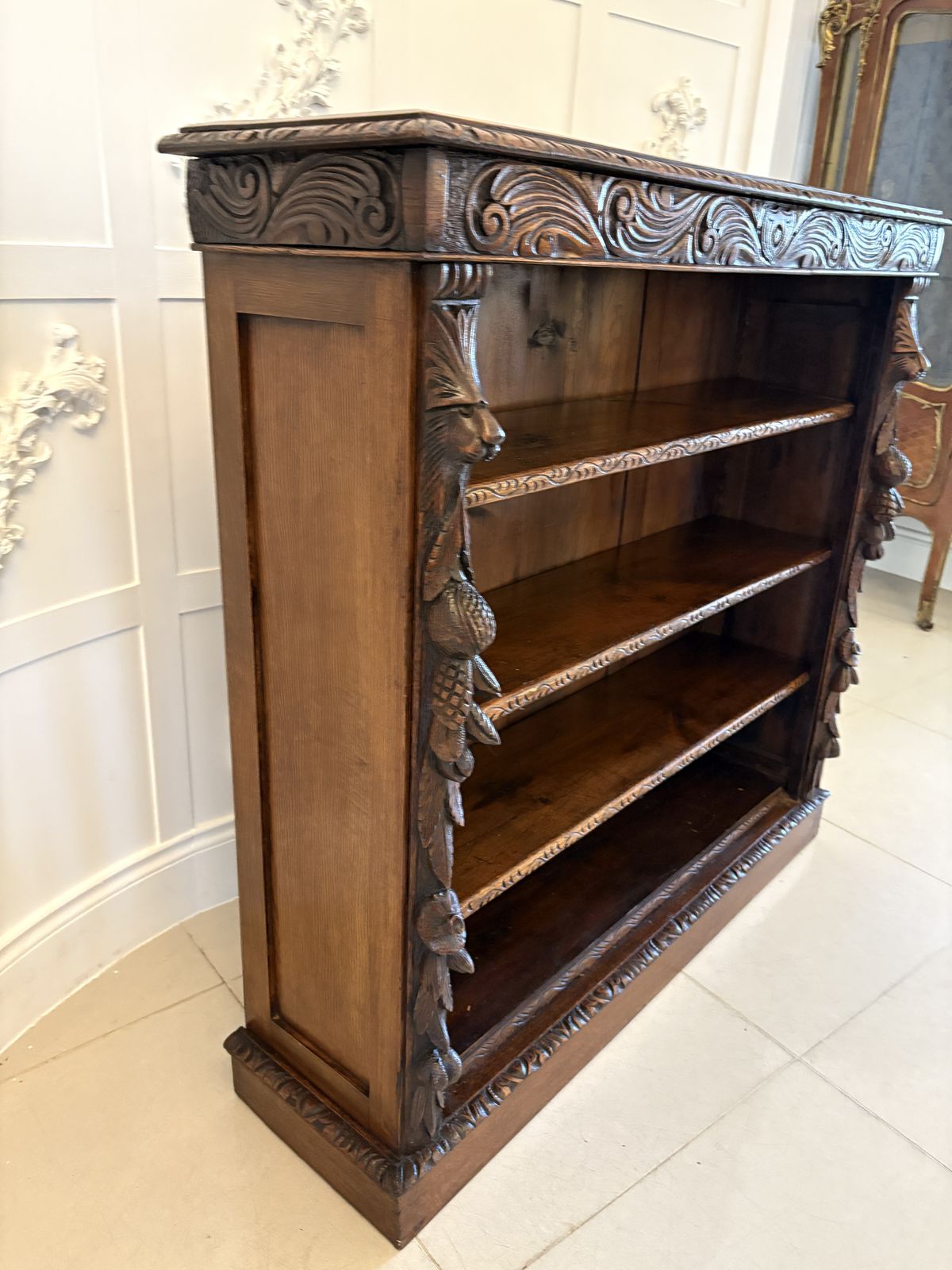 Antique 19th Century Carved Oak Open Bookcase photo vinterior