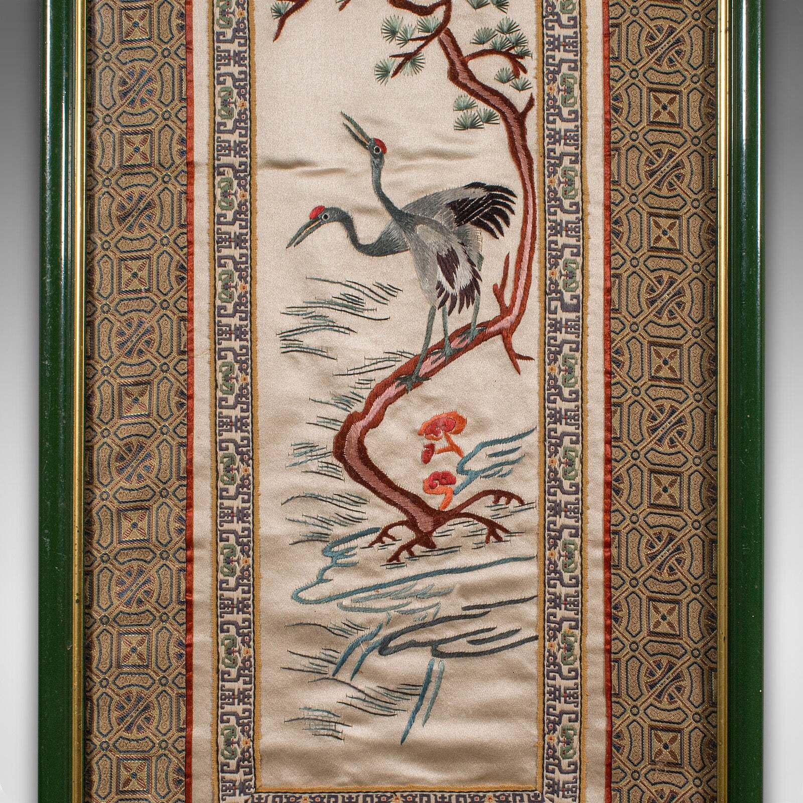 Tall Vintage Embroidered Panel, Oriental Silk Cotton Needlepoint Scene, Art Deco photo 403.0