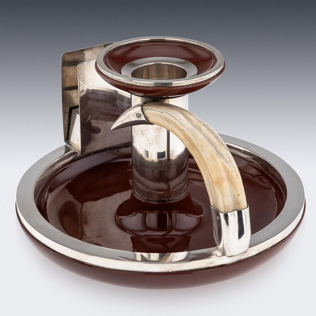 20thc German Solid Silver, Ceramic & Boar Tusk Cigarette Box Holder & Ashtray photo Home Decor