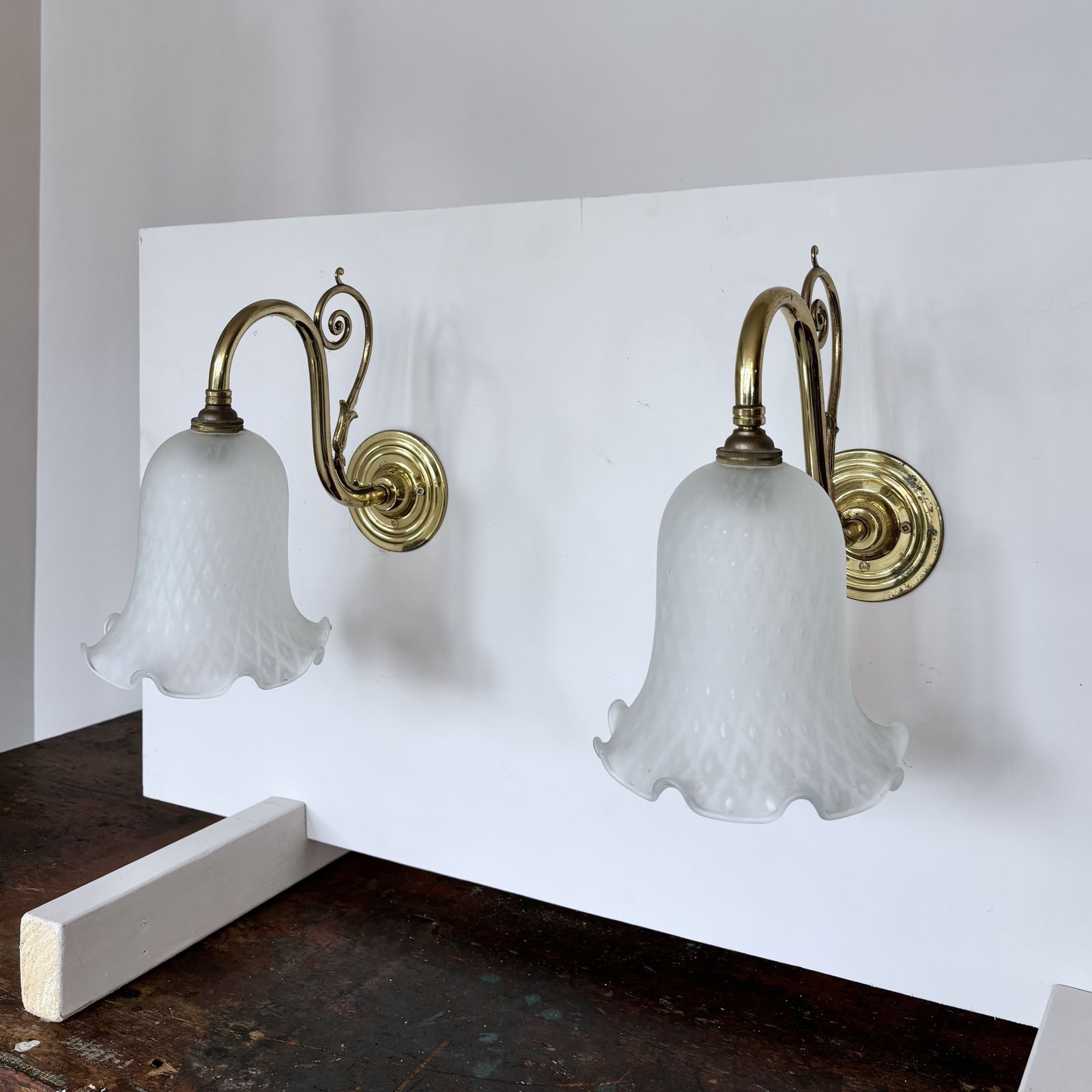 Pair Of Polished Brass Wall Lights With Frosted Harlequin Shades photo furniture