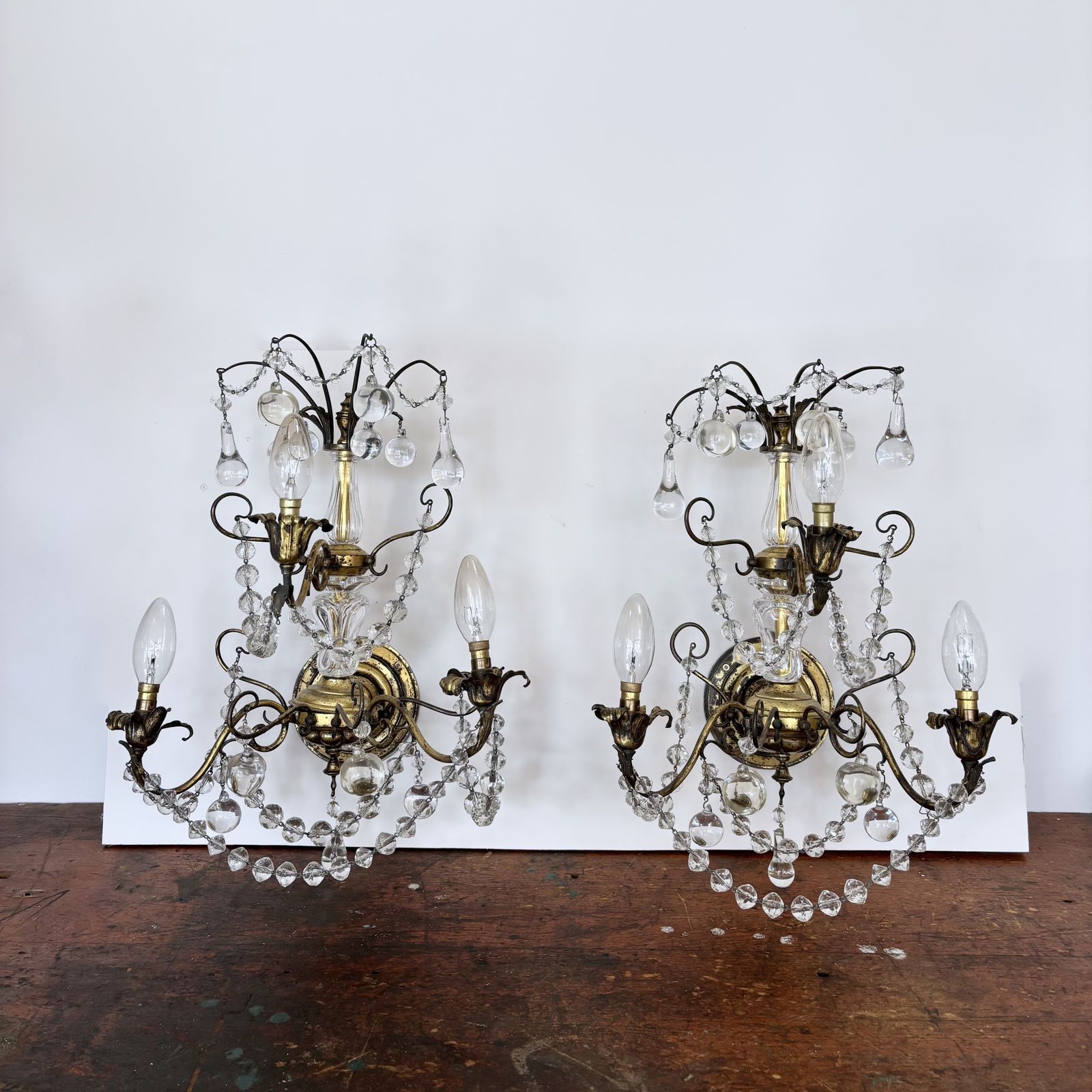 Pair Of Large French Brass Wall Lights With Decorative Crystal Glass Drops