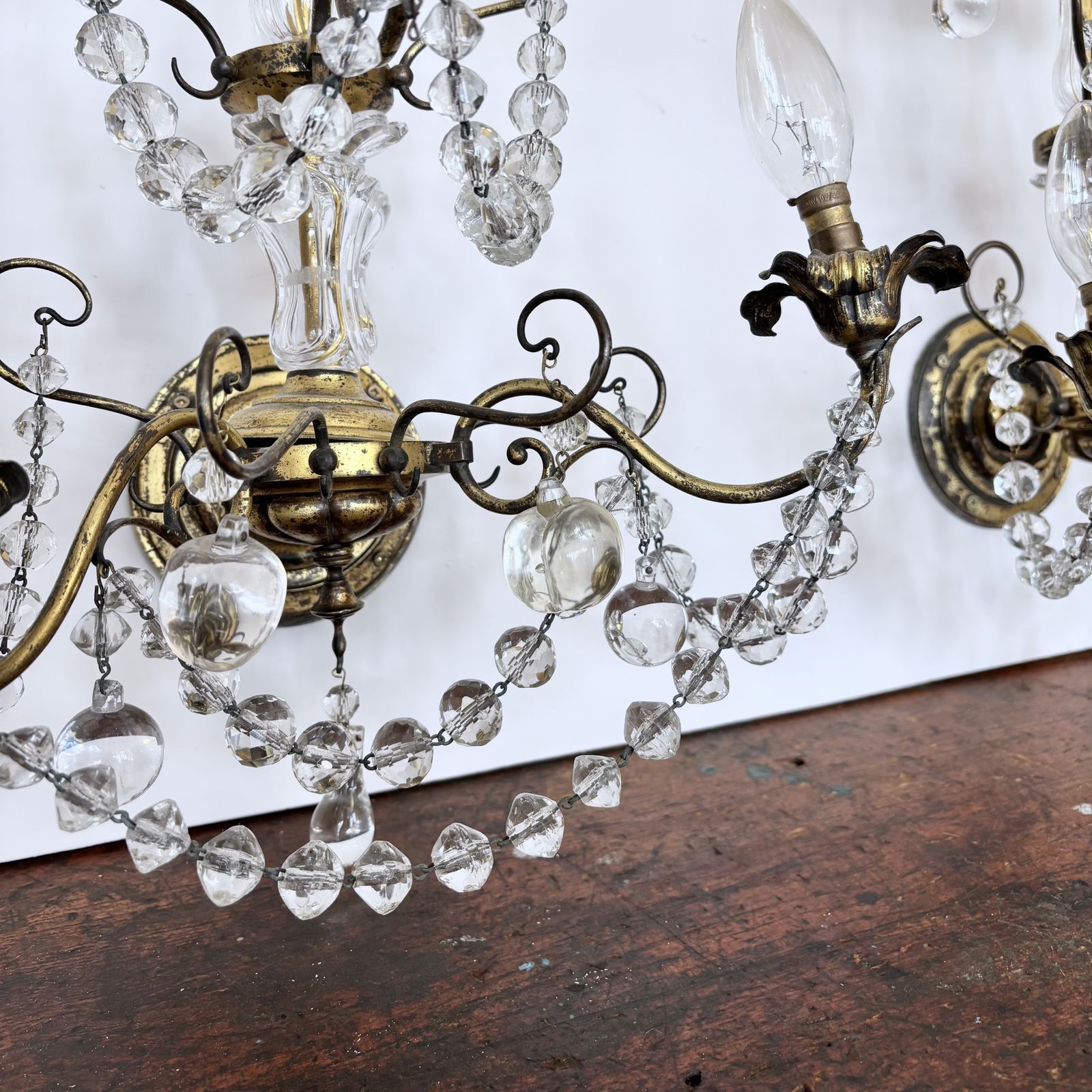 Pair Of Large French Brass Wall Lights With Decorative Crystal Glass Drops photo buy