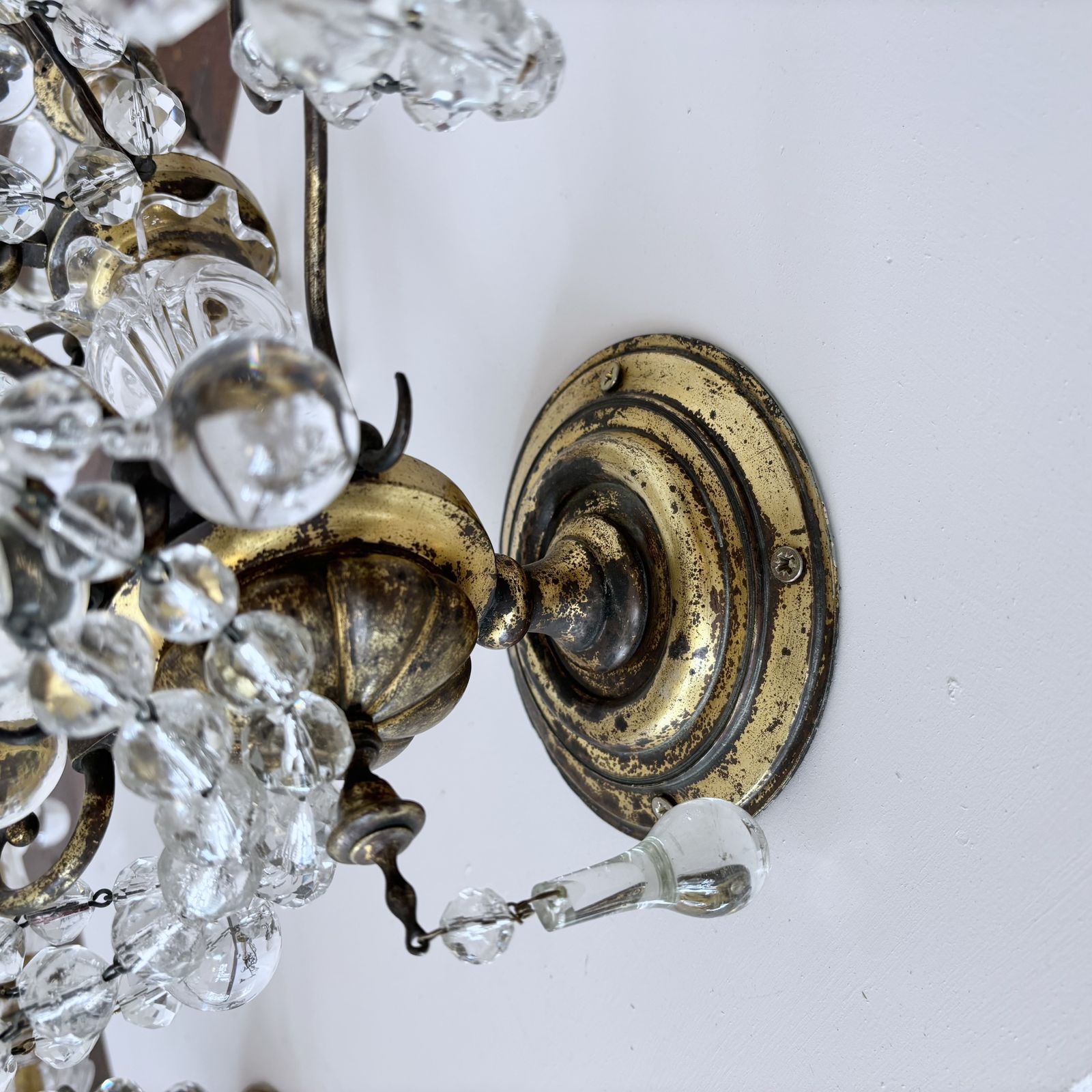 photo for sale Pair Of Large French Brass Wall Lights With Decorative Crystal Glass Drops