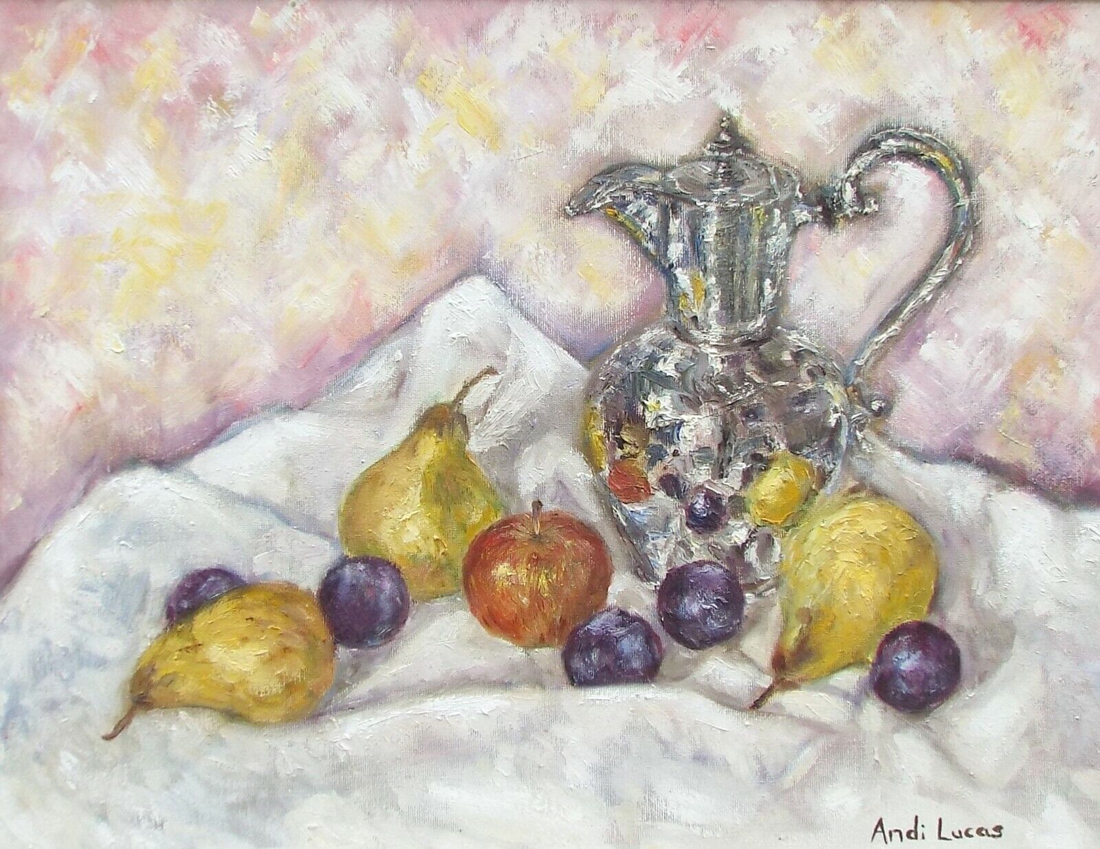 Fruits & Silver Still Life Oil Painting Signed Framed Original Apples Pears Andi photo furniture
