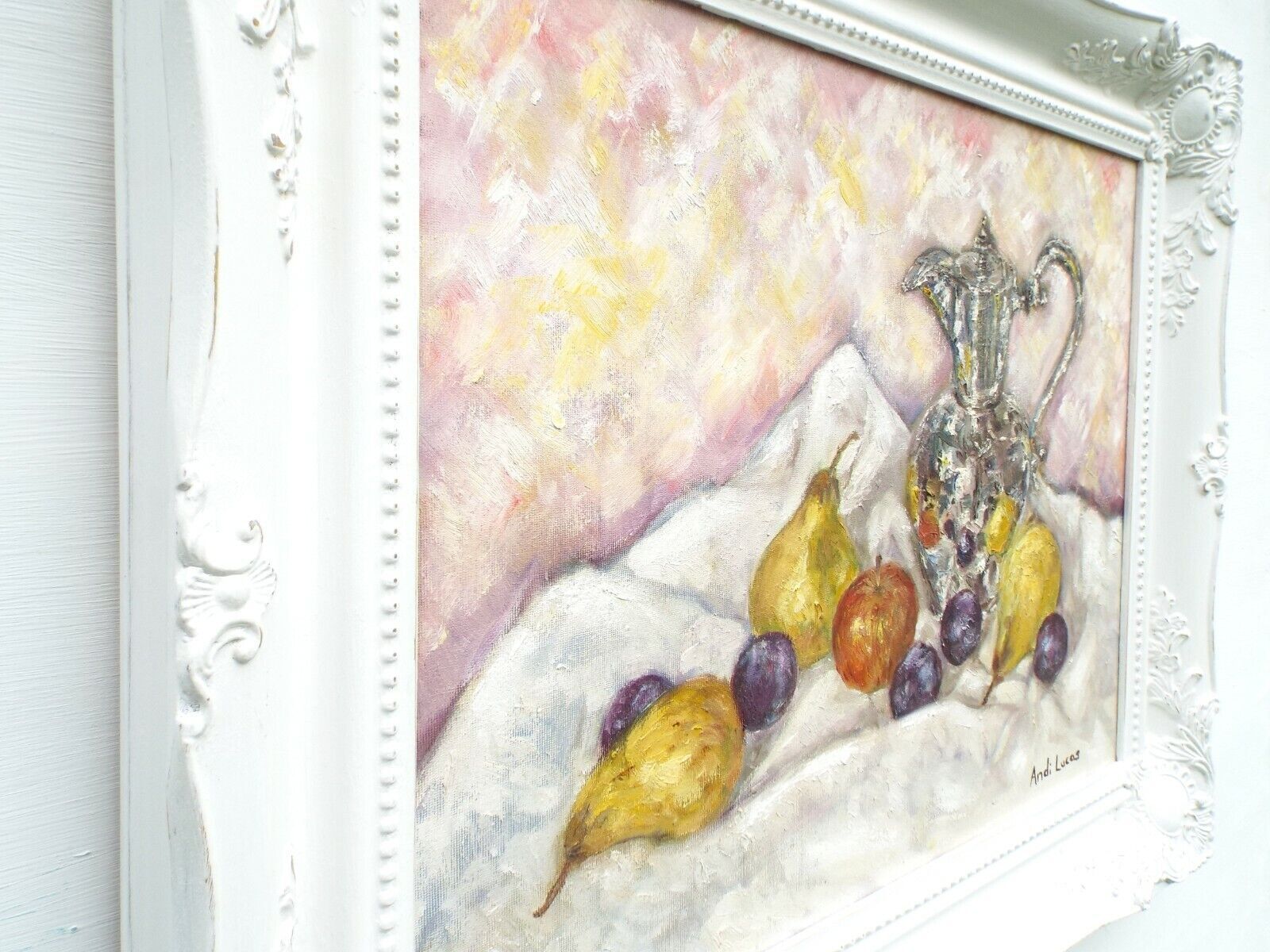 Fruits & Silver Still Life Oil Painting Signed Framed Original Apples Pears Andi photo 390.0