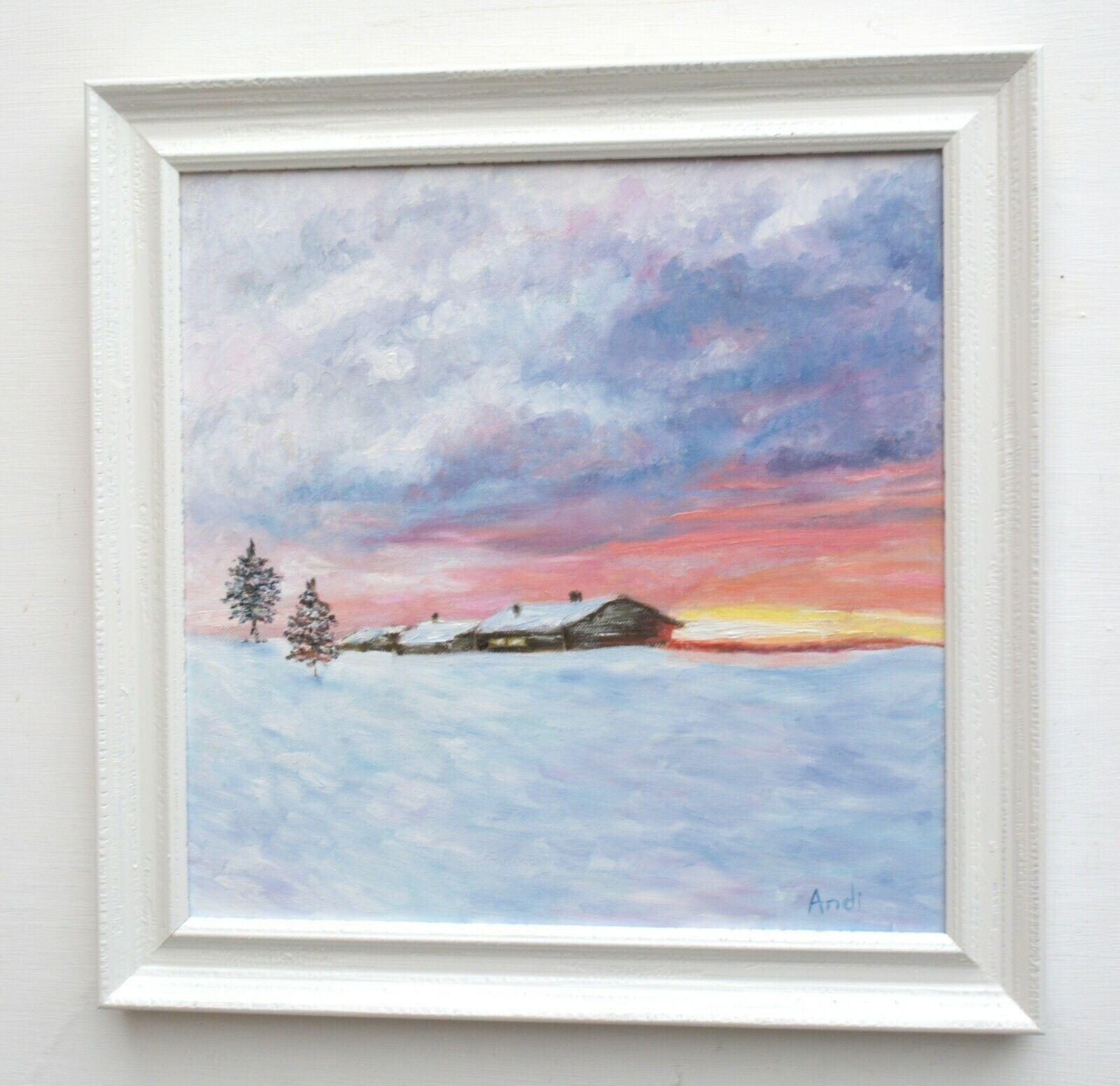 Log Cabin Snowscene Landscape Oil Painting Winter Sunset Framed Andi J Lucas photo Art