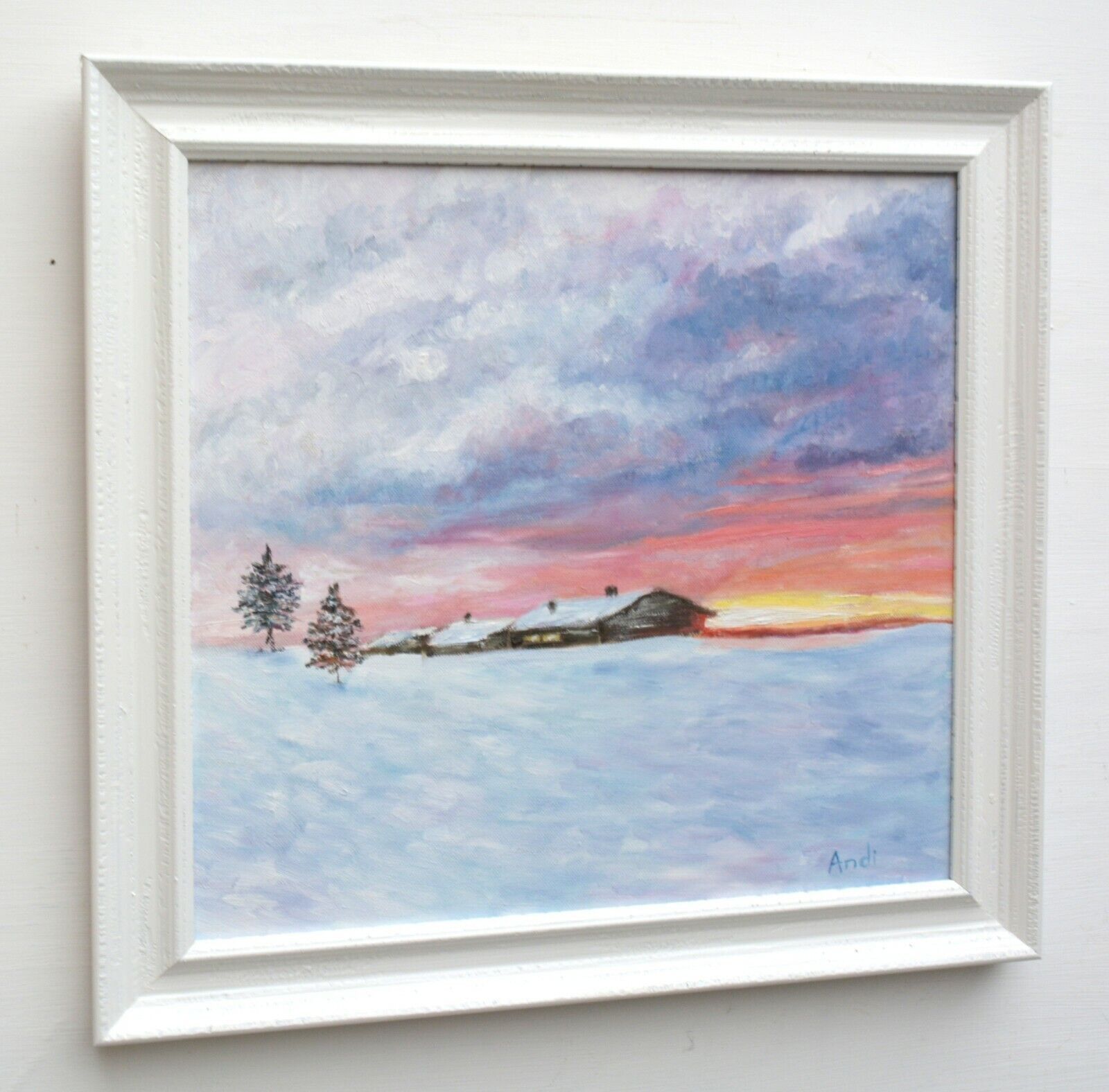 Log Cabin Snowscene Landscape Oil Painting Winter Sunset Framed Andi J Lucas photo 357.0