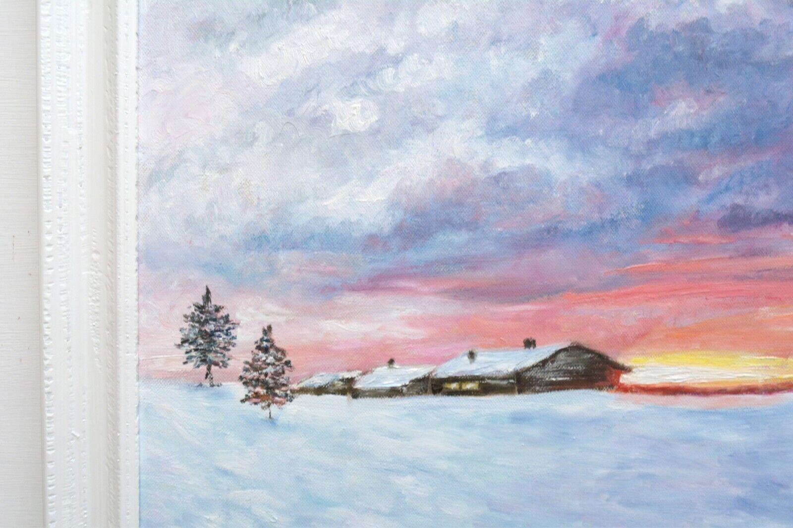 Log Cabin Snowscene Landscape Oil Painting Winter Sunset Framed Andi J Lucas photo vinterior