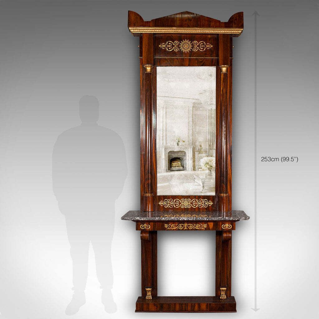 Home Decor Very Tall 8' Antique Empire Style Mirror, Italian, Walnut, Marble, Victorian photo