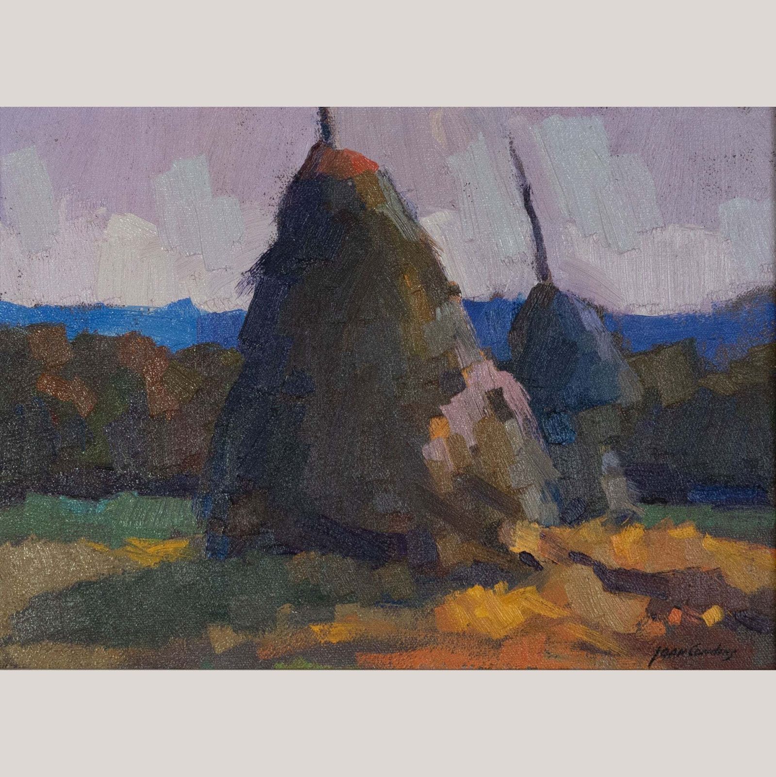Twilight Haystacks   Joan Condins – Original Framed Impressionist Oil Painting