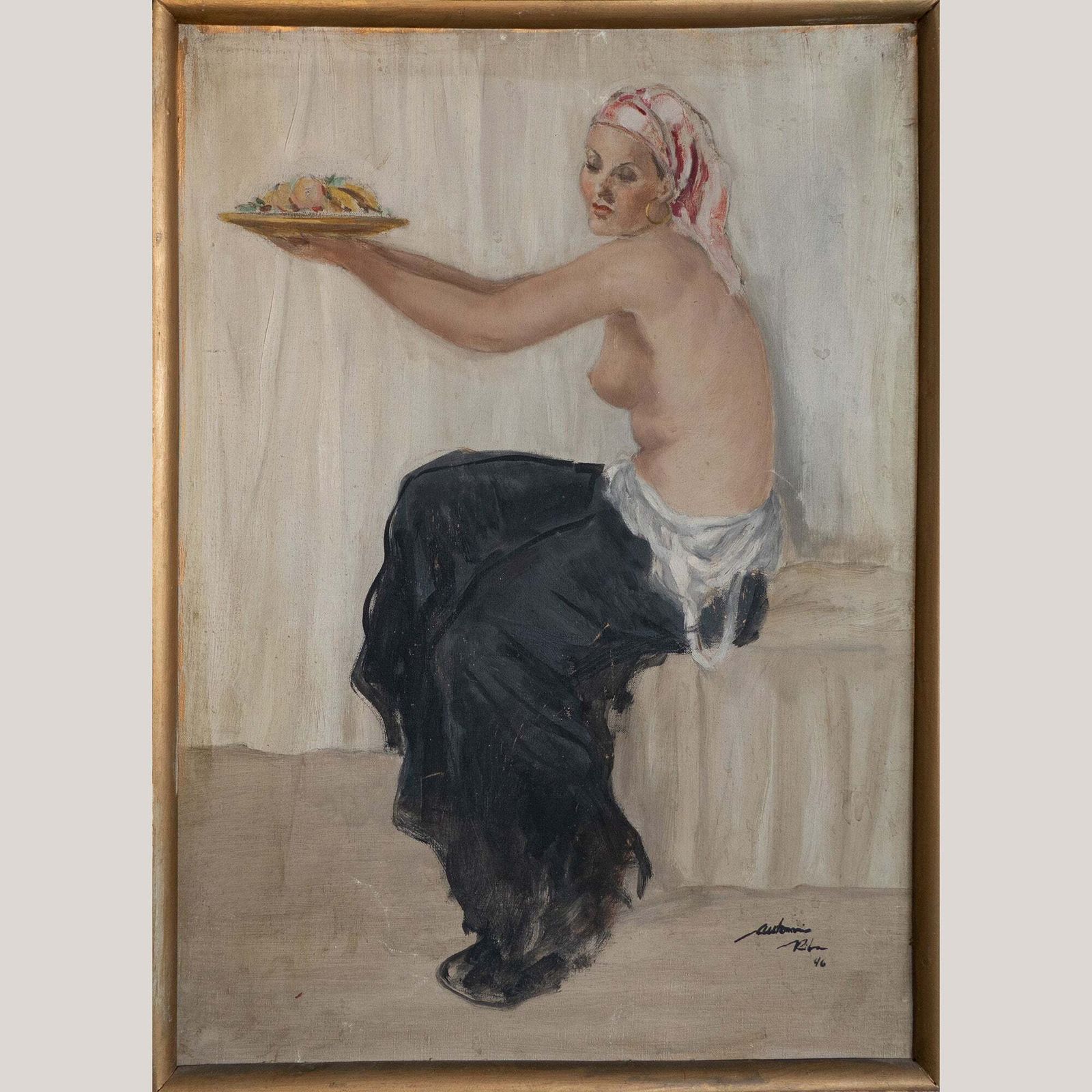 Seated Woman Offering Fruit – Oil Painting By Antonio Riba (1946) photo furniture