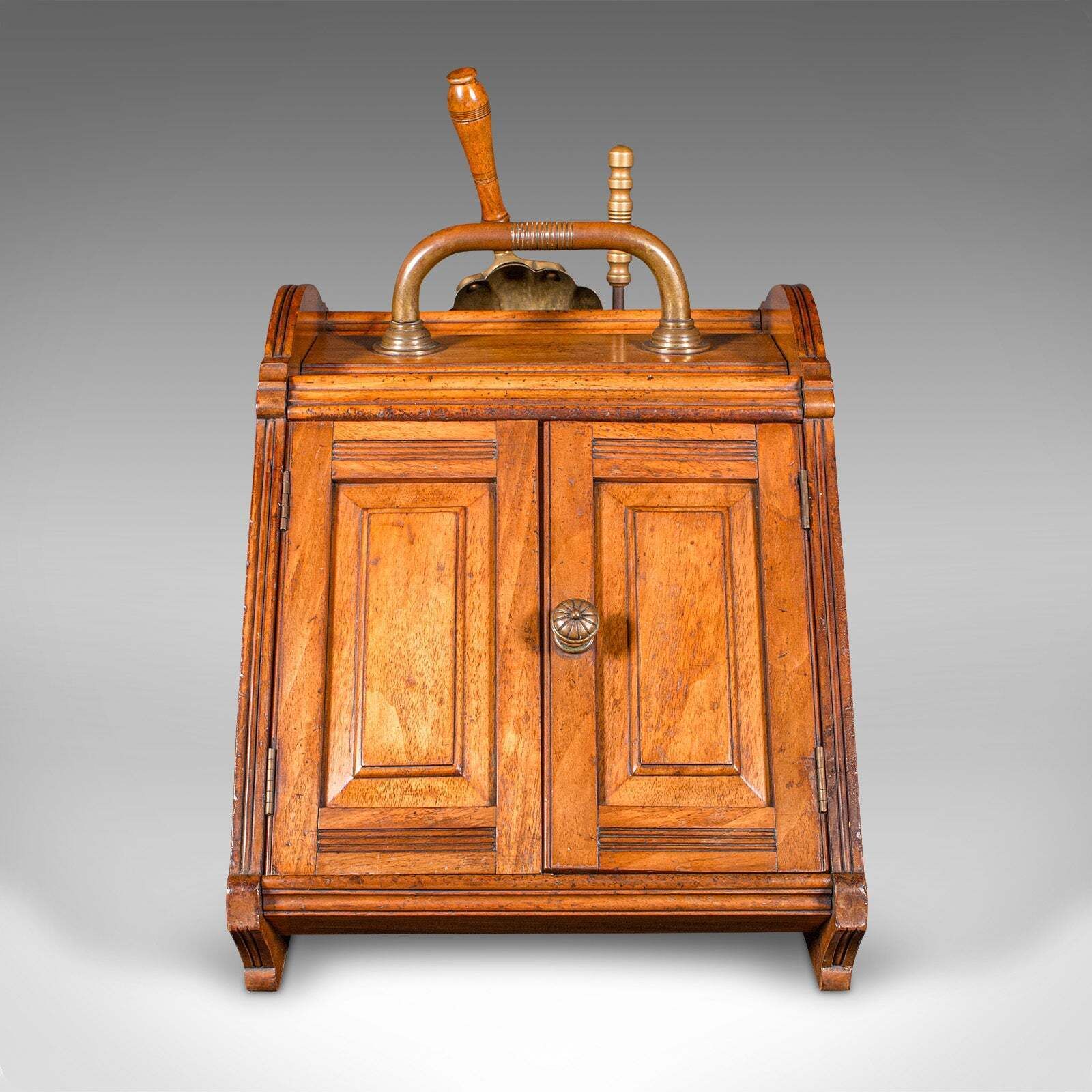 Antique Coal Purdonium, Scottish, Walnut, Brass, Fireside Fuel Store, Victorian photo for sale