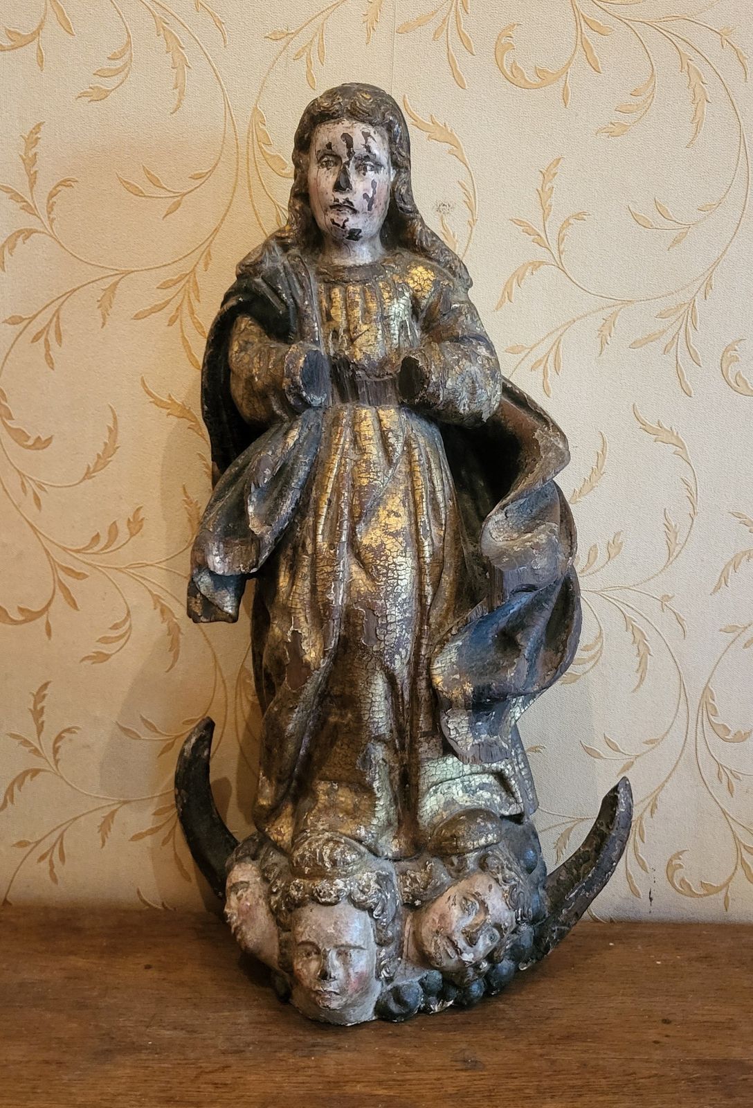 Antique Carved Wood Polychrome Religious Figure
